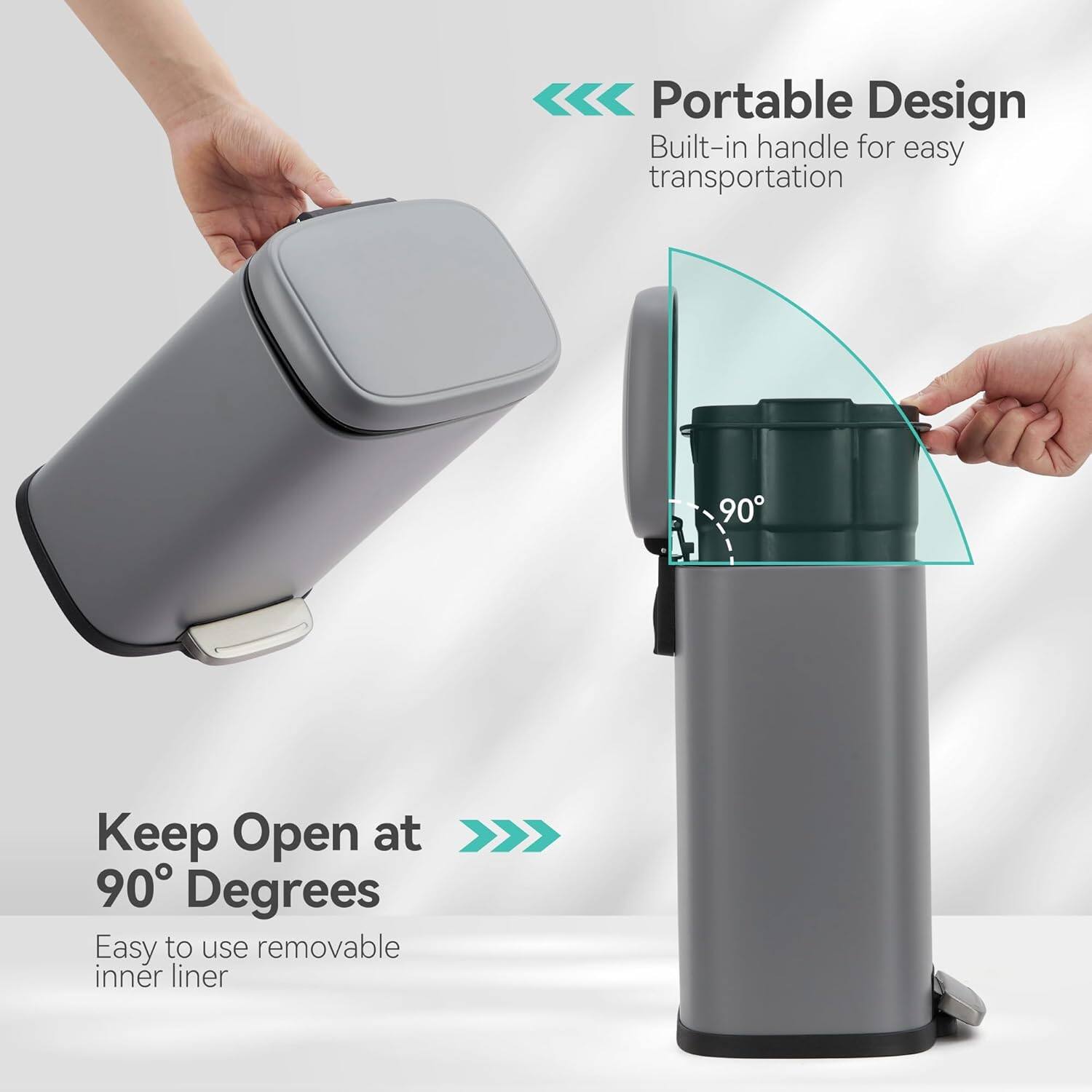 Portable Design  
Built-in handle for easy transportation  

Keep Open at 90° Degrees  
Easy to use removable inner liner