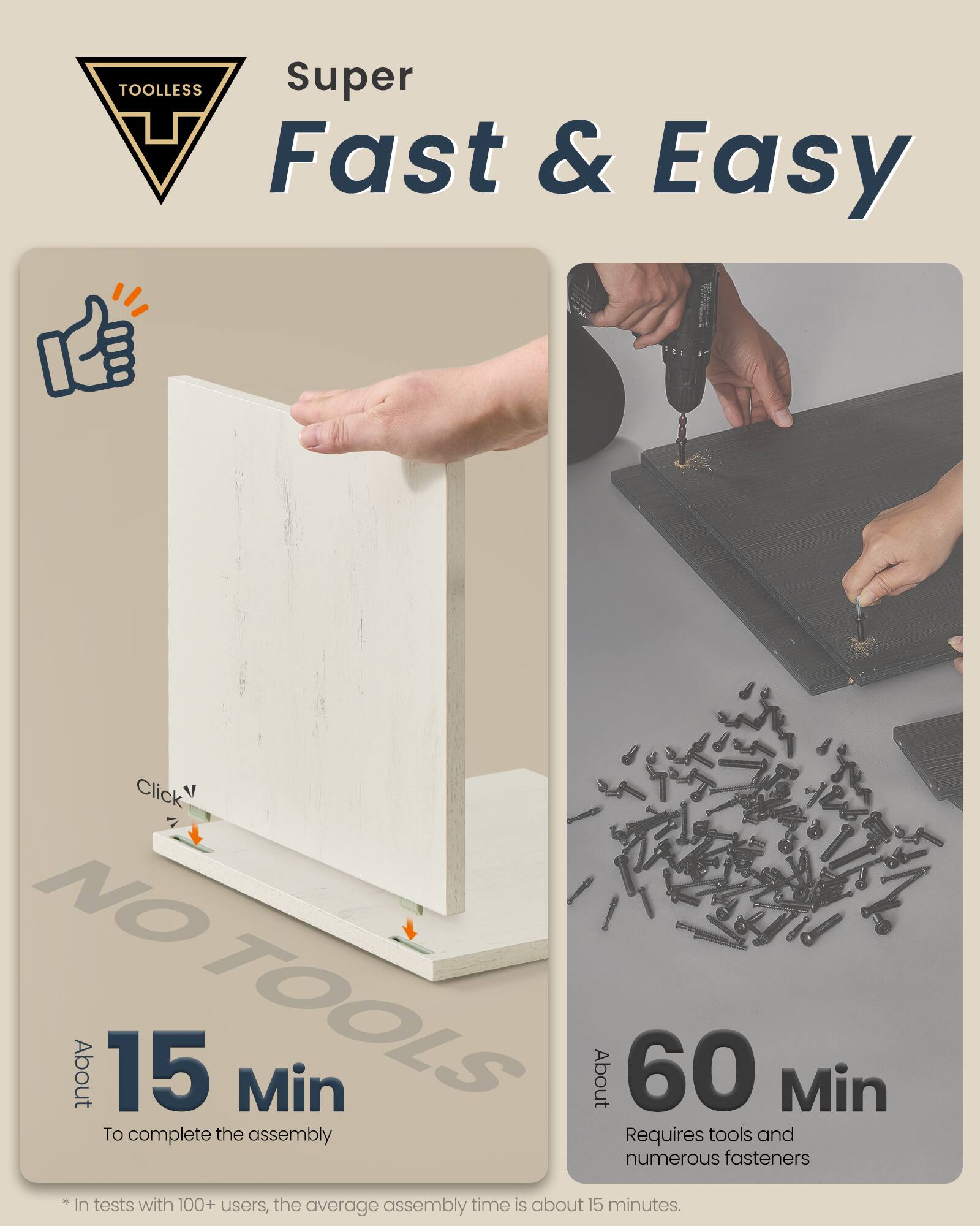 TOOLLESS Super Fast & Easy

Click

NO TOOLS

About 15 Min
To complete the assembly

About 60 Min
Requires tools and numerous fasteners

*In tests with 100+ users, the average assembly time is about 15 minutes.