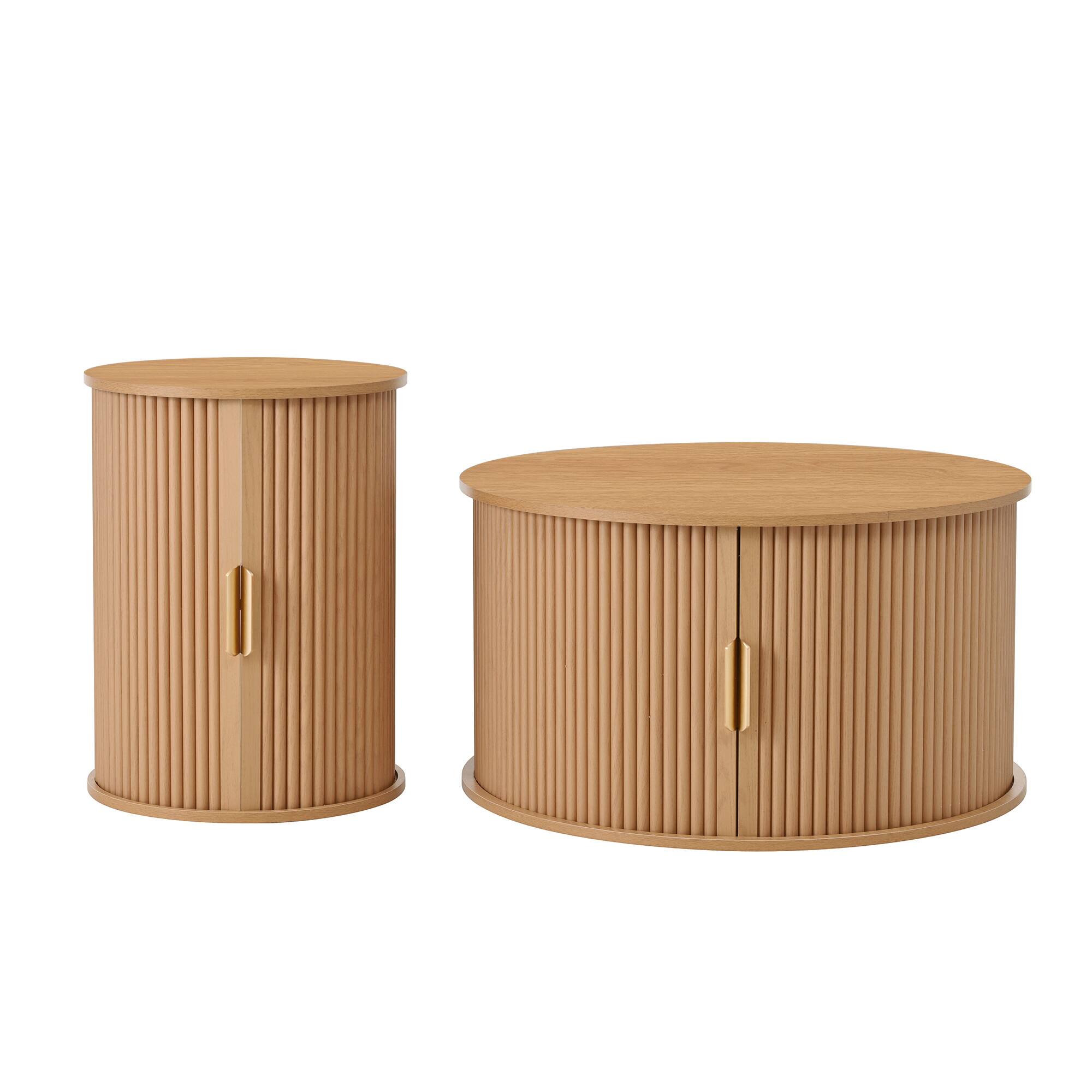 Alt View 5. Tiramisubest - Mid-Century Coffee & Side Table Set of 2 with Tambour Door,Fluted Design,Golden Handle Tall & Low Side Table,Natural - Natural.