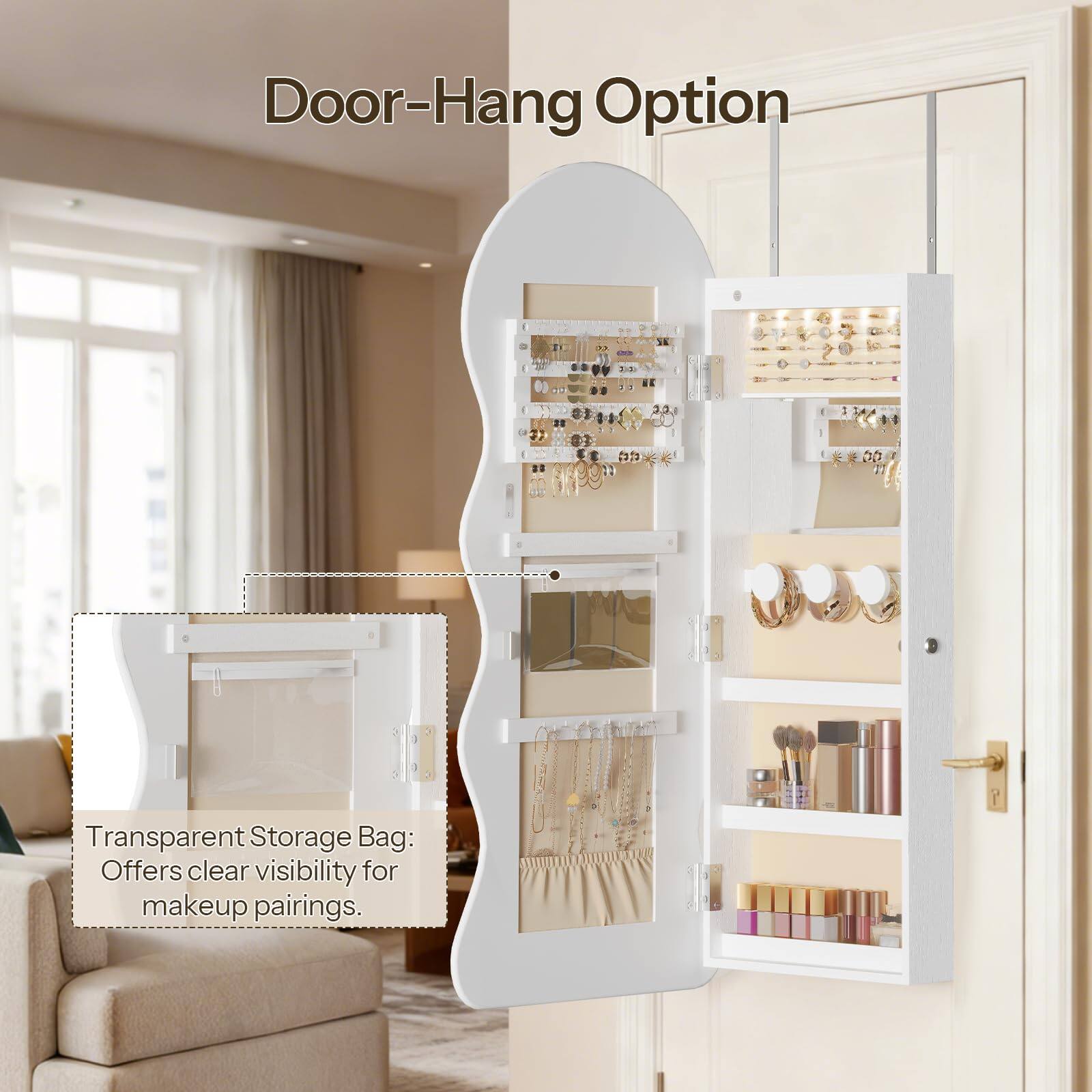 Door-Hang Option

Transparent Storage Bag: Offers clear visibility for makeup pairings.