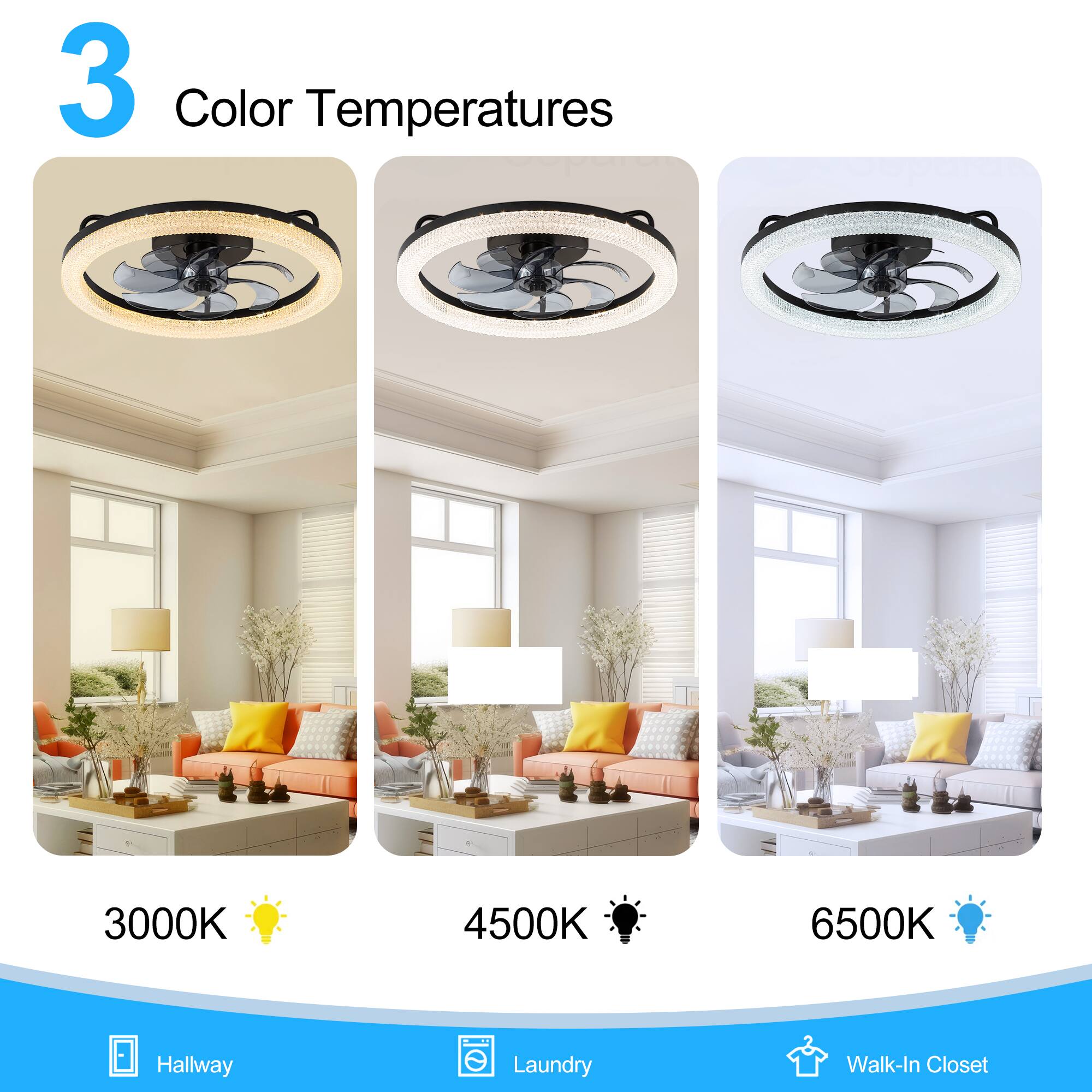 3 Color Temperatures
3000K
4500K
6500K
Hallway
Laundry
Walk-In Closet