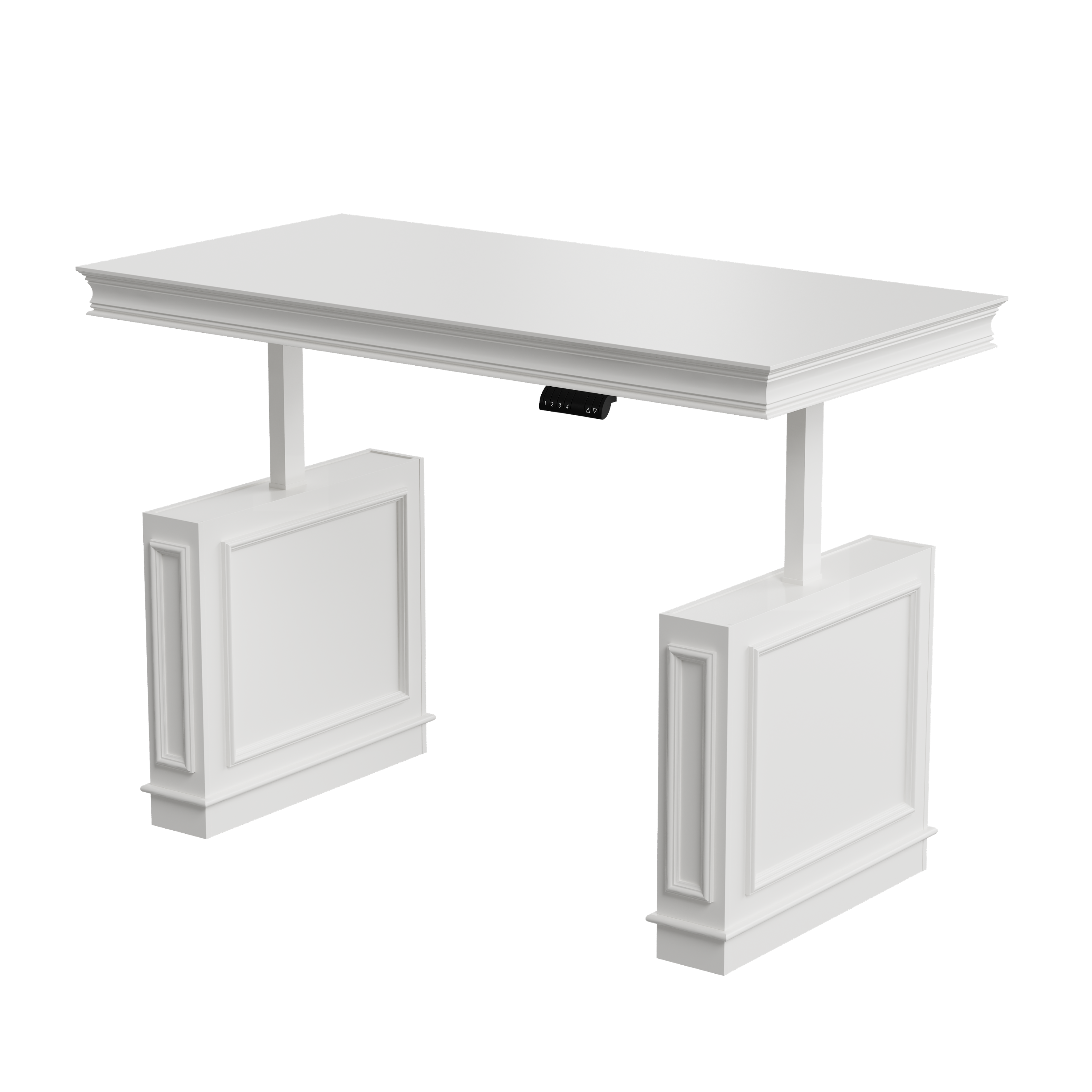 Angle. Famapy - Electric Standing Desk with Side Cabinets, Heavy-Duty Height Adjustable Home Office Workstation with 4 Memory Presets - White.
