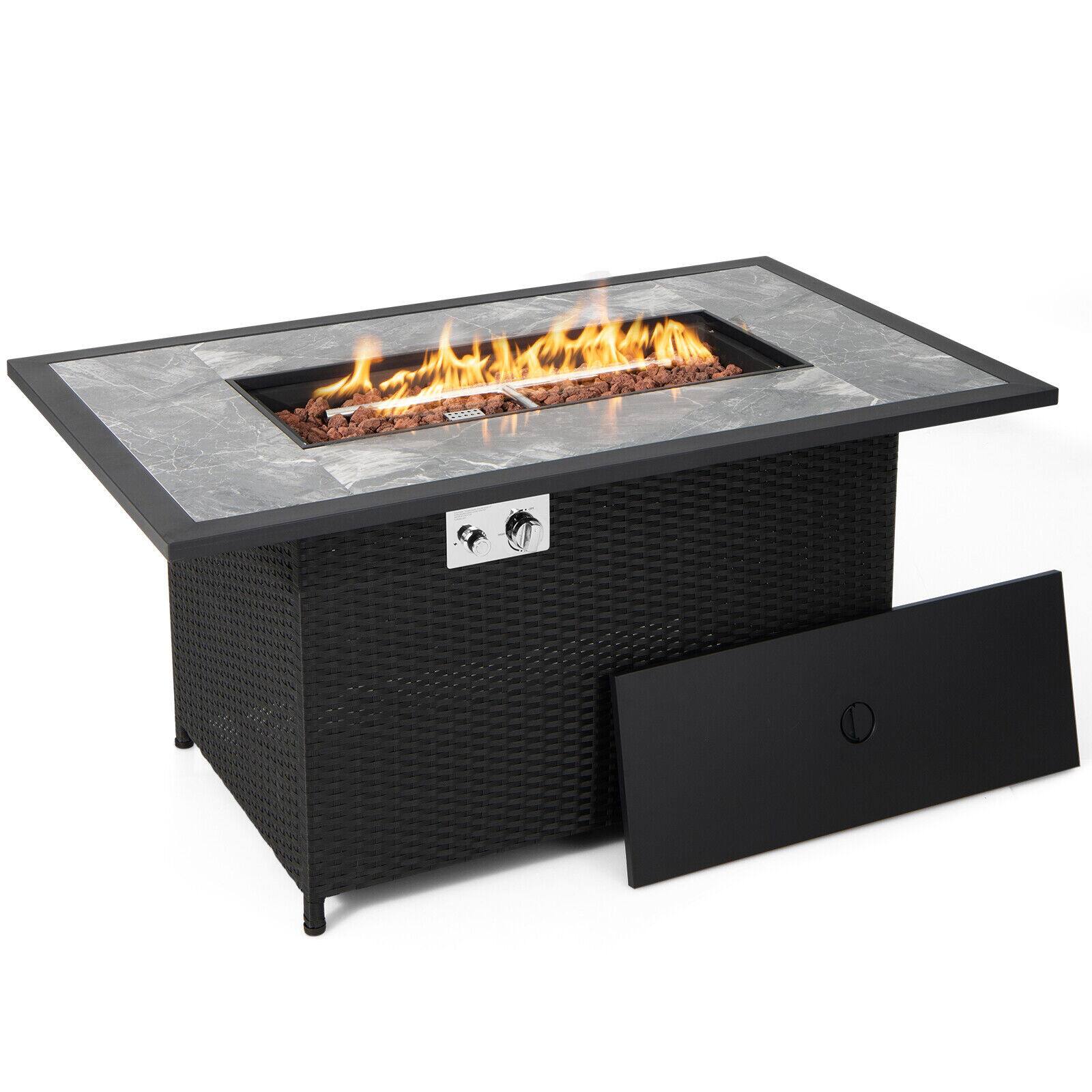 SKONYON - Outdoor Propane Fire Table with 50000 BTU Output Rattan Base and Wide Tabletop