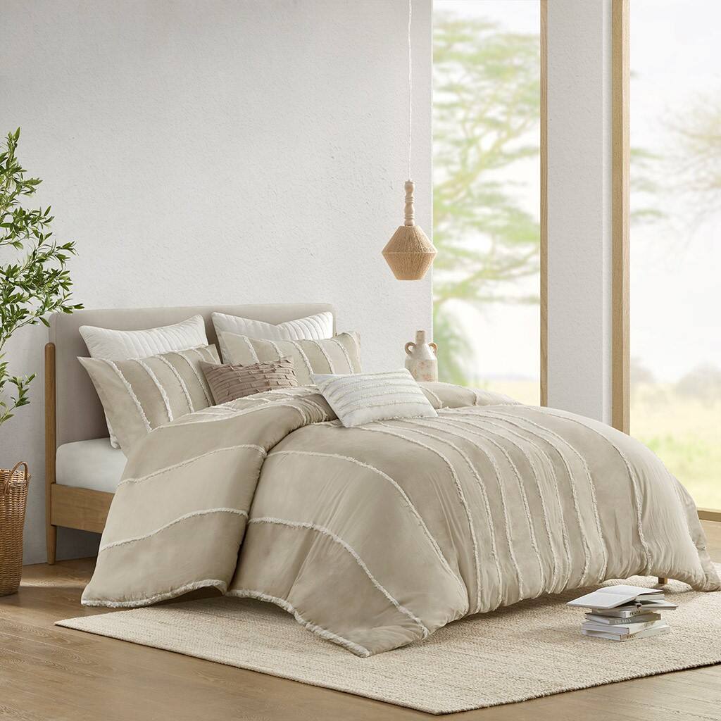 Alt View 3. Gracie Mills - Gracie Mills Ara 3 Piece Striped Cotton Duvet Cover Set - Taupe.