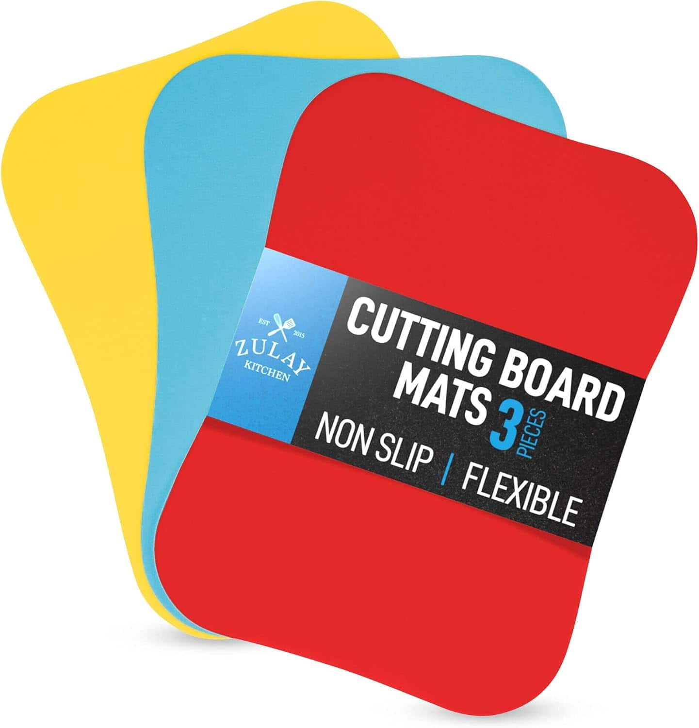 Zulay Kitchen - Non-Slip Flexible Cutting Board Set - Dishwasher Friendly Cutting Mats For Cooking - Sky Blue, Yellow, Red