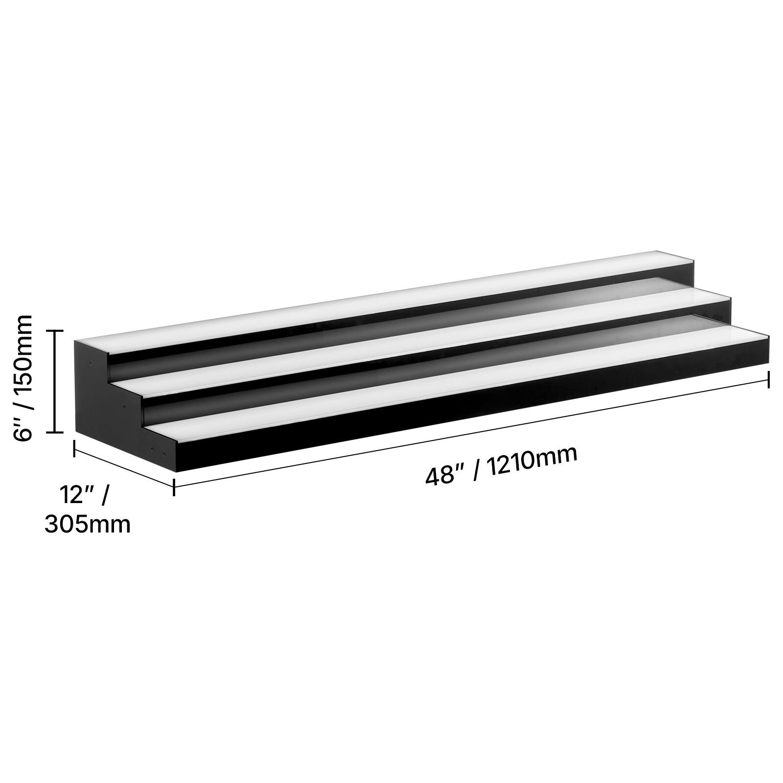 150mm / 6"  
12" / 305mm  
48" / 1210mm
