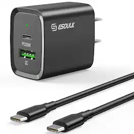 Esoulk - Dual Port 20W PD USB-C and QC Fast Wall Charger Adapter for Smartphone iPhone Samsung Tablet Tab iPad With USB-C Cable - Black