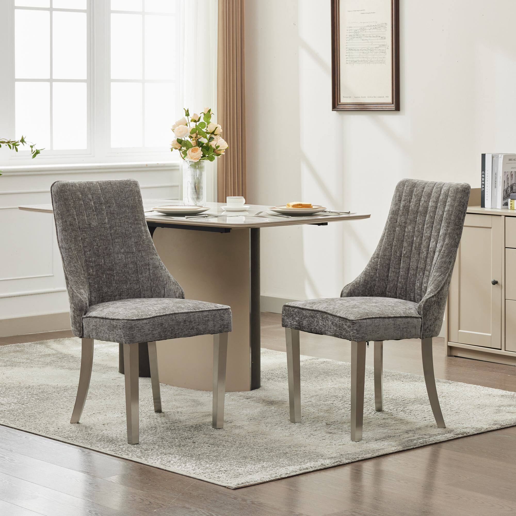 Front. Lirago - Dining Room Chairs Set of 2 Gray Upholstered Chenille Fabric High Back Accent Chairs 37.6"H x 18.9"D x 19.7"W - Gray.