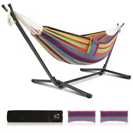Front. Winado - 9FT Heavy Duty Hammock Set 2-Person Double with Stand, Portable Carrying Bag for Indoor Outdoor Patio Deck Yard Beach - Rainbow Stripes.