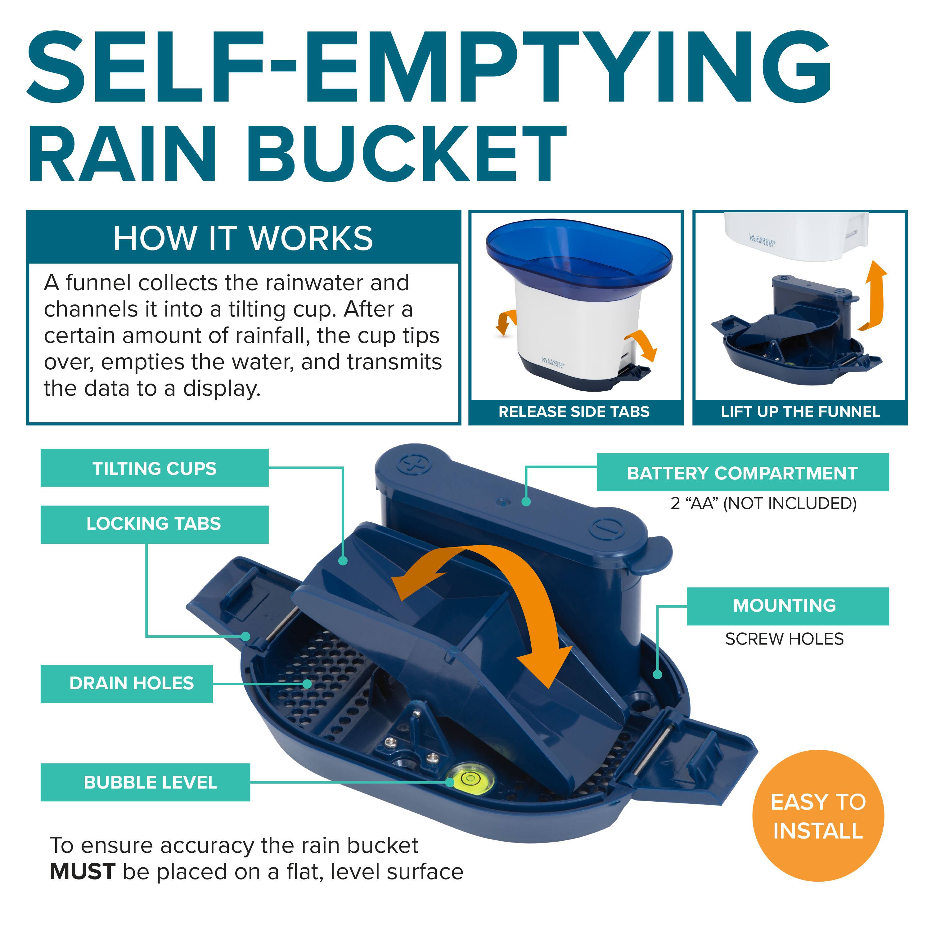 SELF-EMPTYING RAIN BUCKET

HOW IT WORKS

A funnel collects the rainwater and channels it into a tilting cup. After a certain amount of rainfall, the cup tips over, empties the water, and transmits the data to a display.

- RELEASE SIDE TABS
- LIFT UP THE FUNNEL
- TILTING CUPS
- LOCKING TABS
- BATTERY COMPARTMENT
  2 "AA" (NOT INCLUDED)
- MOUNTING SCREW HOLES
- DRAIN HOLES
- BUBBLE LEVEL

To ensure accuracy the rain bucket MUST be placed on a flat, level surface

EASY TO INSTALL