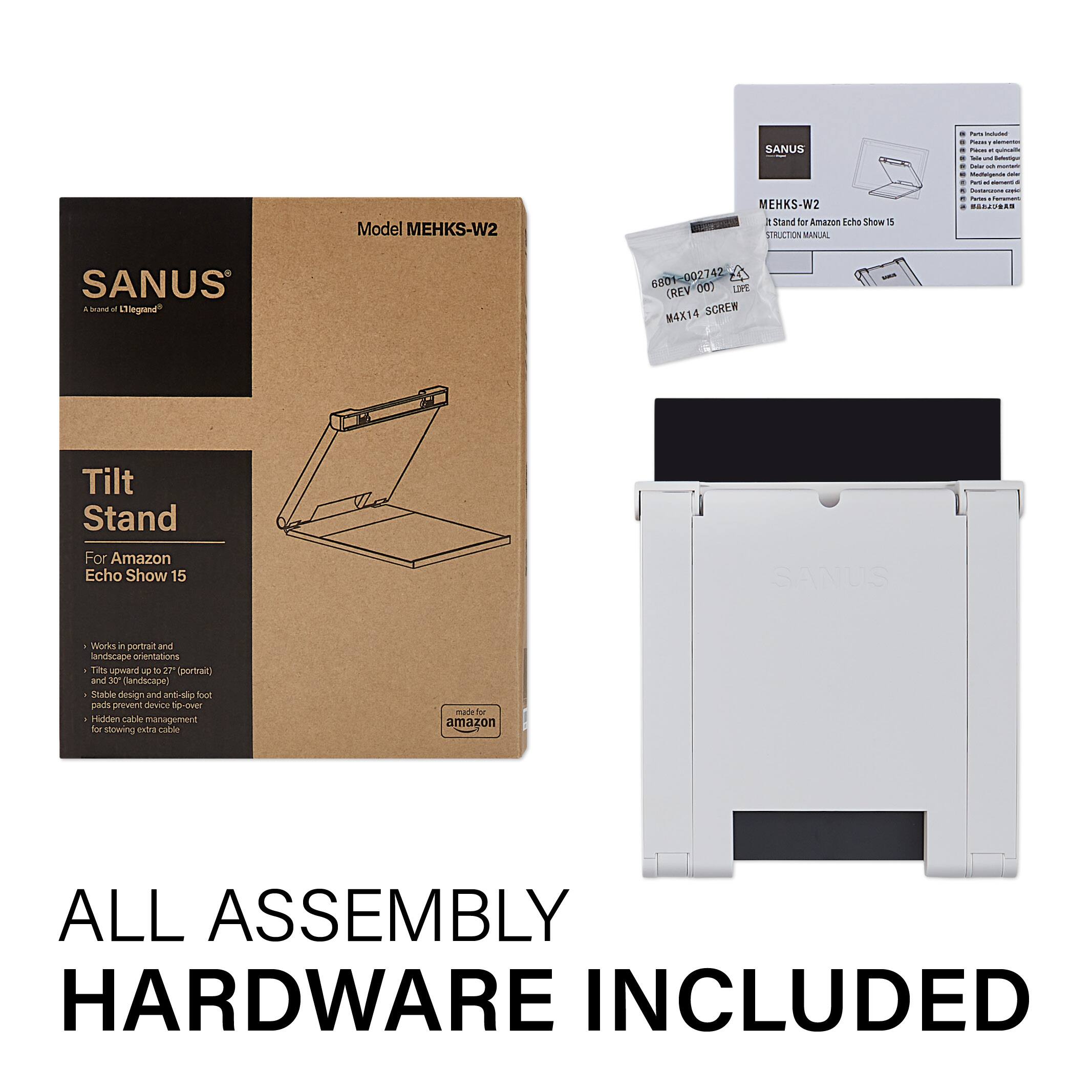 The image features a SANUS Tilt Stand for Amazon Echo Show 15. The stand is designed for portrait and landscape orientations, providing stable support for the device. The stand comes with a hidden cable management system to keep cables out of sight and prevent the device from being knocked over. The stand is made of high-quality materials and includes all assembly hardware.