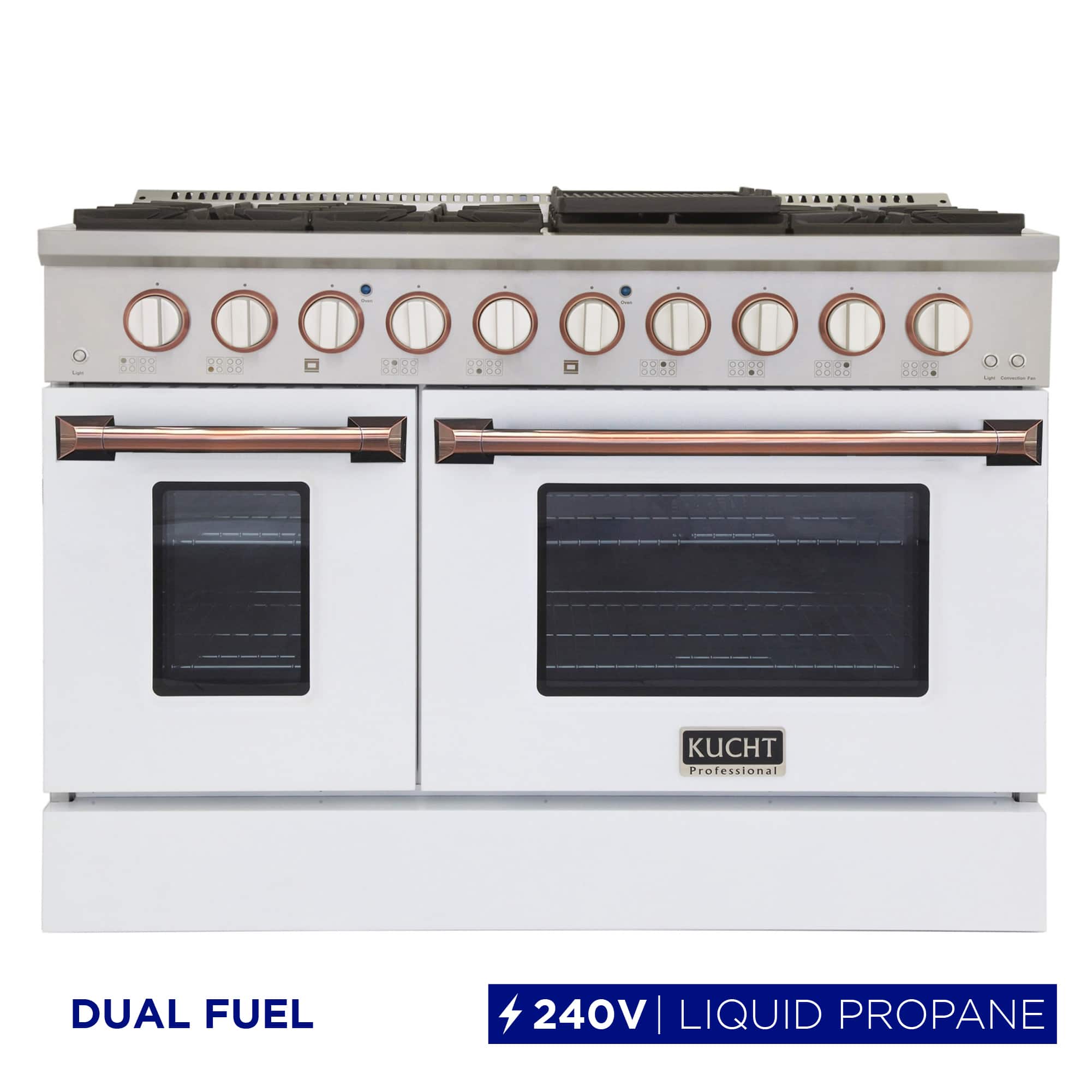 Kucht - 48" Dual Fuel Range for LP, SS/White Door, White Knobs, Rose Gold Handle & Rings, 2 Ovens (1 Convection) - White & Rose Gold