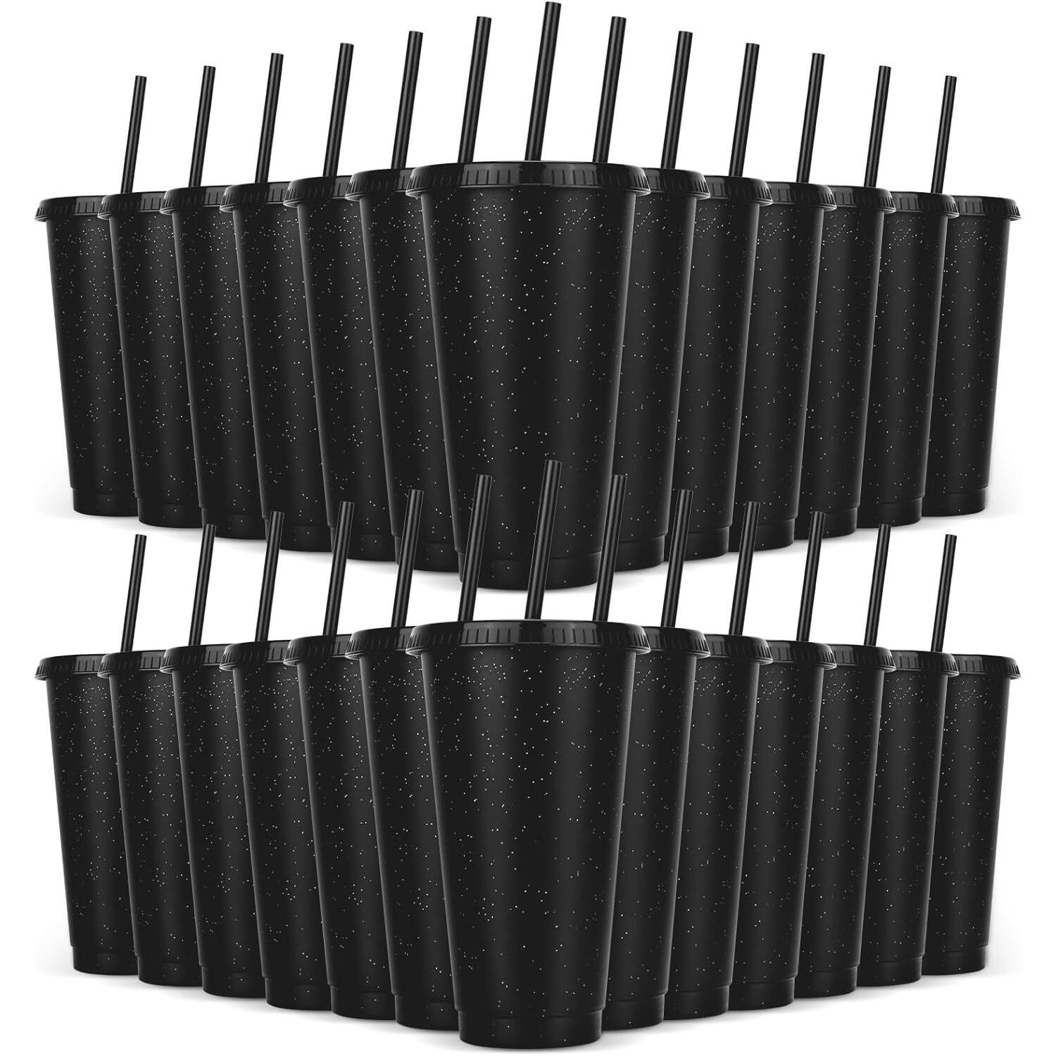 Front. PARKER SLATER - 24-pack 24oz black plastic tumblers with lids and straws, reusable colorful cups for cold drinks, parties, and gifts. - Black.