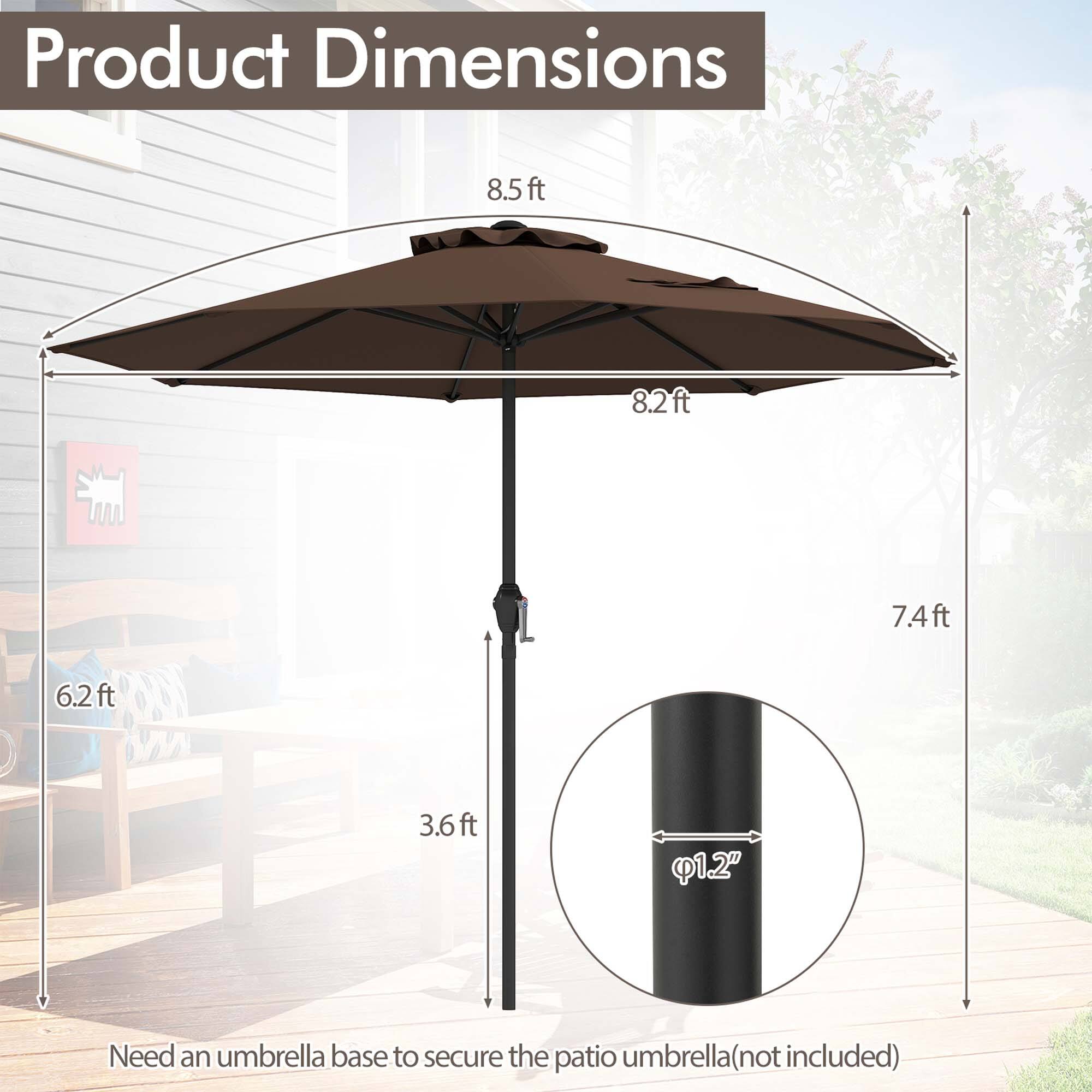 Product Dimensions 8.5ft 8.2ft 7.4ft 6.2ft 3.6ft 12" Need an umbrella base to secure the patio umbrella (not included)