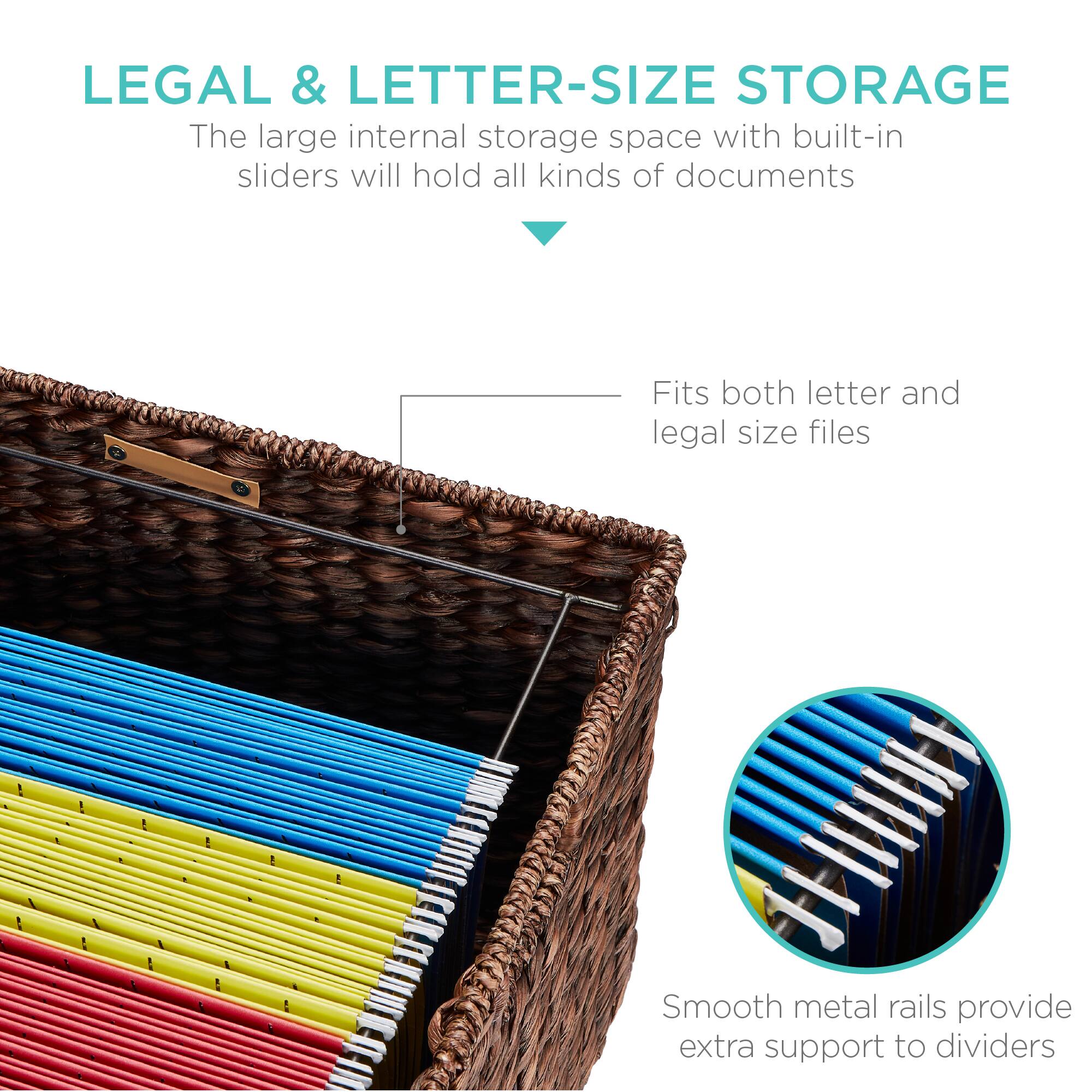 LEGAL & LETTER-SIZE STORAGE

The large internal storage space with built-in sliders will hold all kinds of documents

- Fits both letter and legal size files

Smooth metal rails provide extra support to dividers