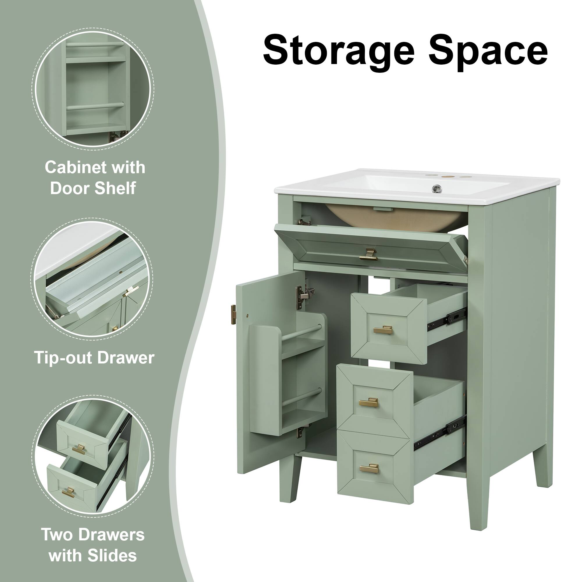 Storage Space Cabinet with Door Shelf Tip-out Drawer Two Drawers with Slides