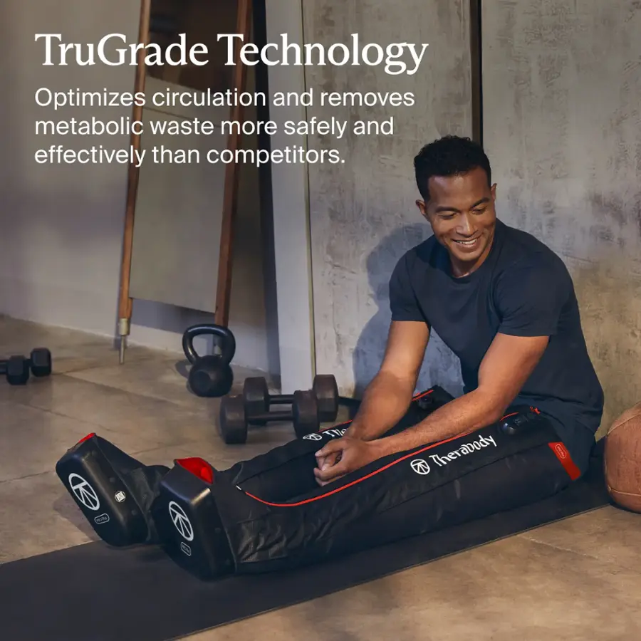 TruGrade Technology optimizes circulation and removes metabolic waste more safely and effectively than competitors. The Therabody system is designed to improve blood flow and remove waste more efficiently than other methods.