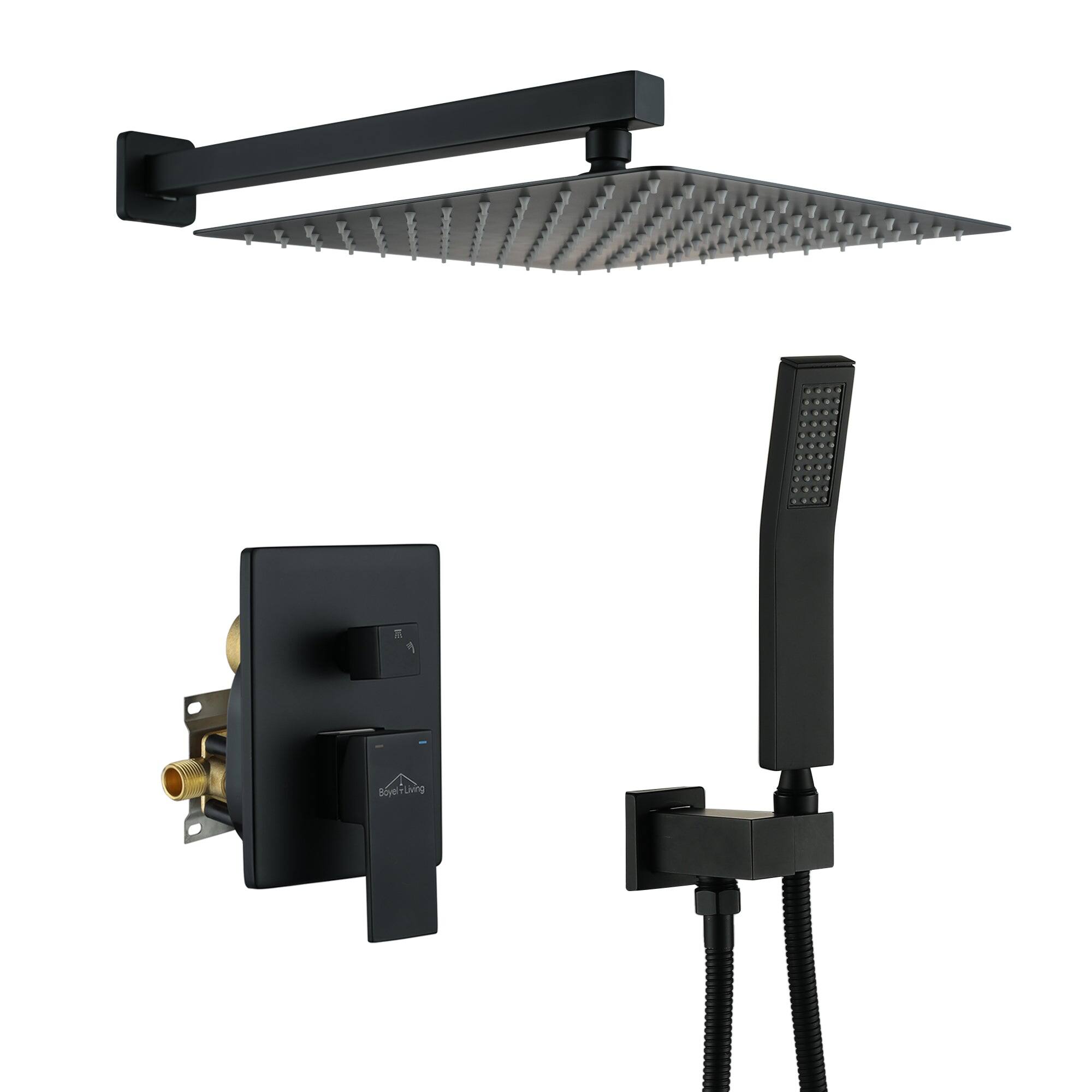 Front. Boyel Living - 1-Spray Patterns with 2.5 GPM 12 in. Square Wall Mount Dual Shower Heads with Pressure Balance Valve in Matte Black - Matte Black.
