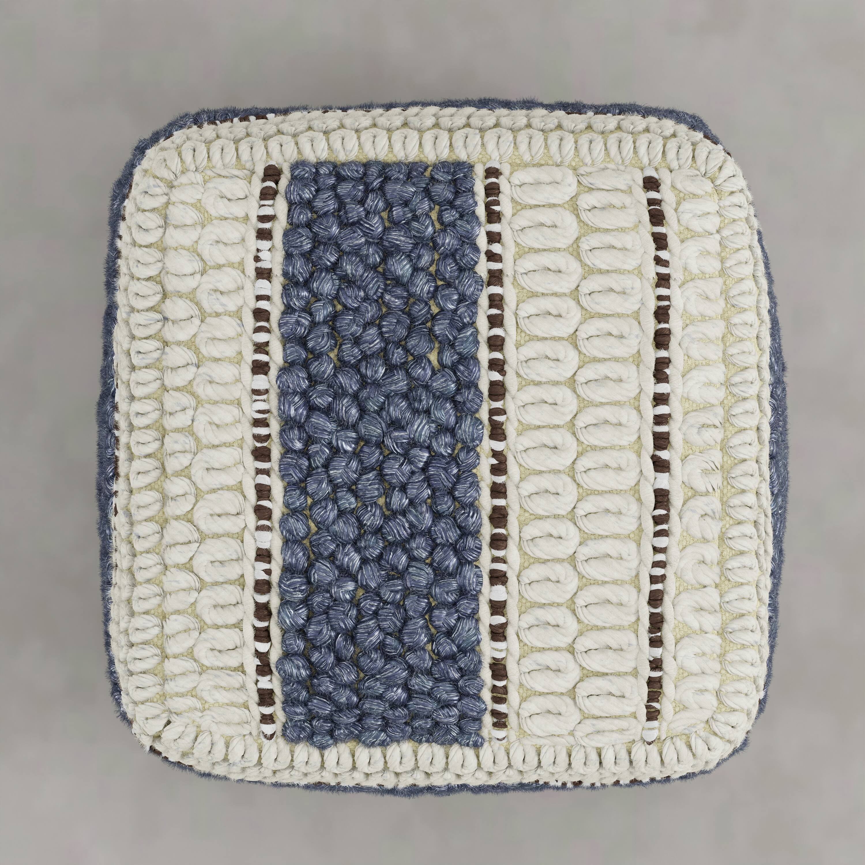 Alt View 1. Simpli Home - Grady 18 inch Wide Wool and Cotton Square Pouf Ottoman, Natural and Blue Stripe - Natural/Blue Stripe.