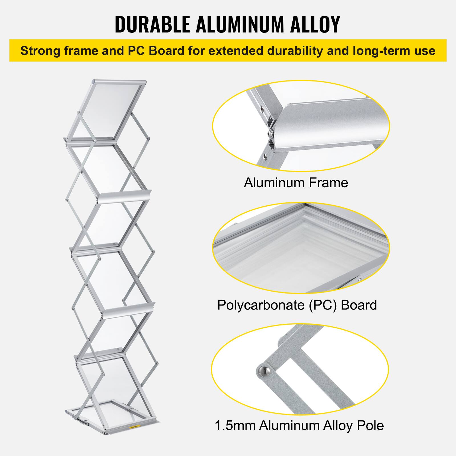 DURABLE ALUMINUM ALLOY

Strong frame and PC Board for extended durability and long-term use

- Aluminum Frame
- Polycarbonate (PC) Board
- 1.5mm Aluminum Alloy Pole