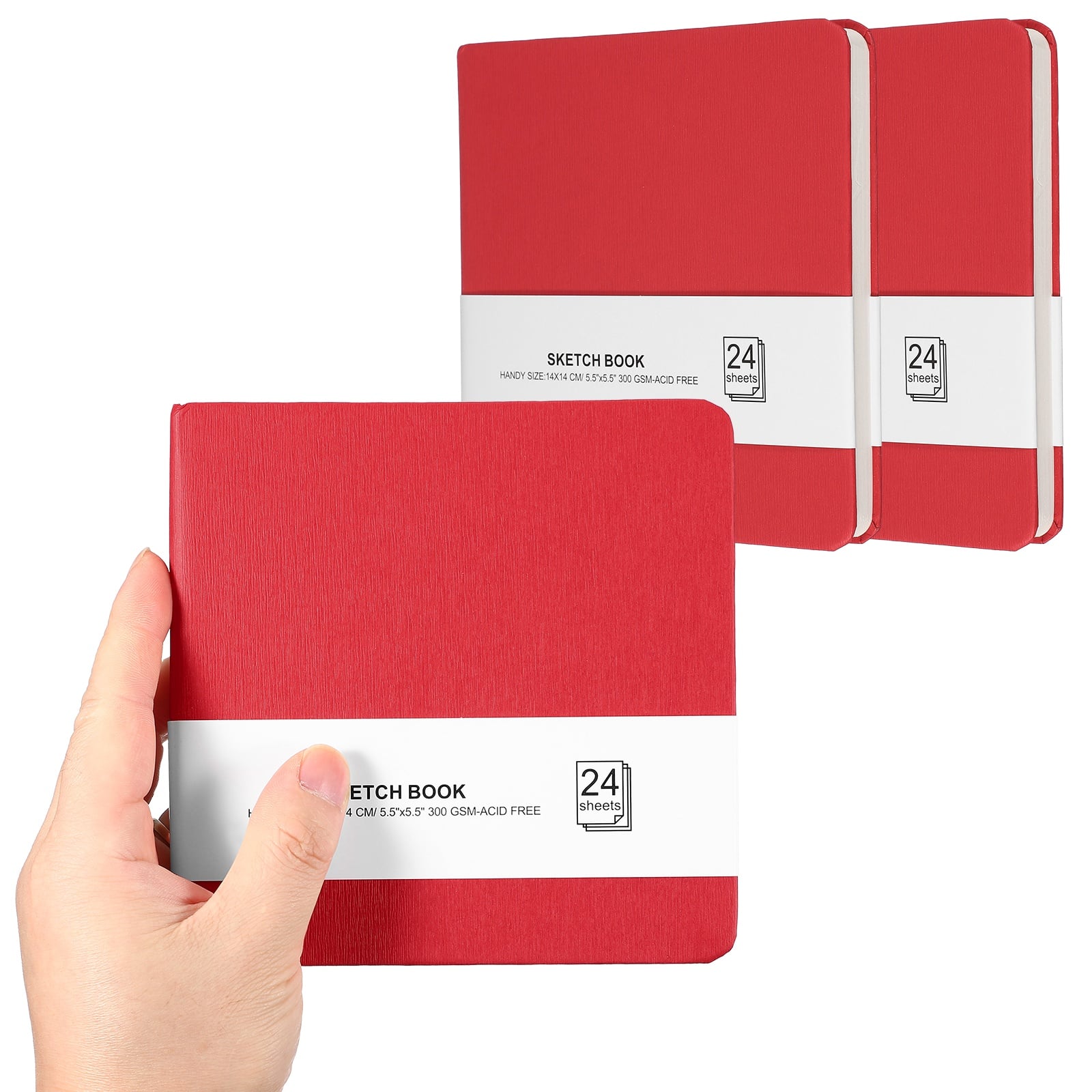 Unique Bargains - 3pcs 5.5x5.5 Inch Small Sketchbook, 24/48pg 300GSM Watercolor Paper Pad Square Tiny Pocket for Drawing Travel - Red