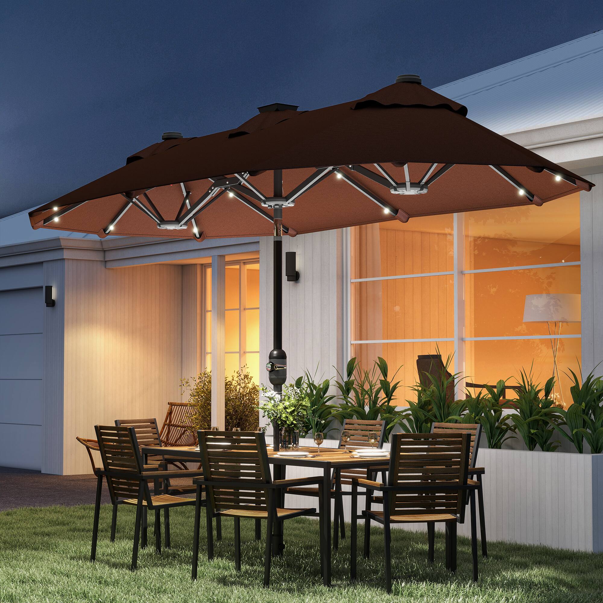 Alt View 1. Outsunny - Outdoor Patio Umbrella with Solar Lights and Base - Coffee.