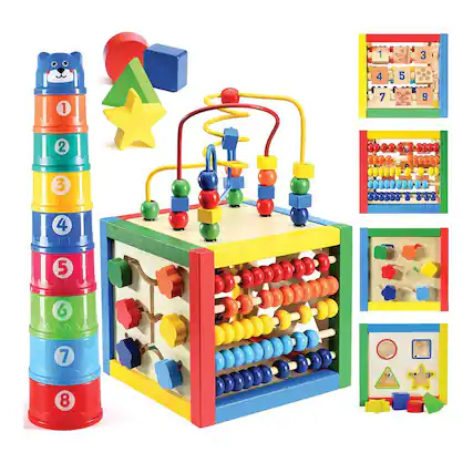 Front. Play22 - Wooden Activity Cube with Bead Maze, Shape Sorter, Abacus Counting Beads, Counting Numbers, Sliding Shapes - 5 in 1.