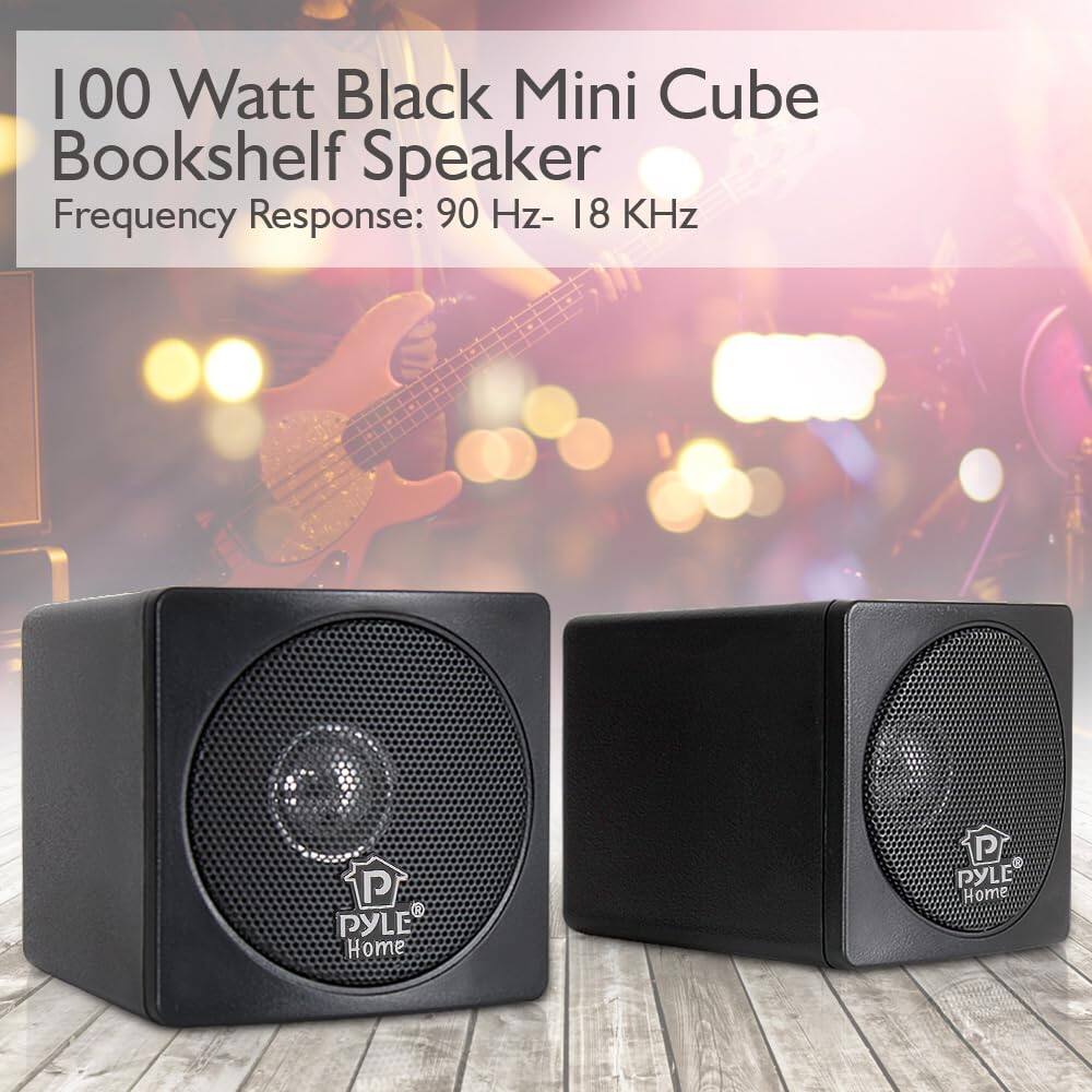 100 Watt Black Mini Cube Bookshelf Speaker  
Frequency Response: 90 Hz - 18 KHz  
PYLE Home