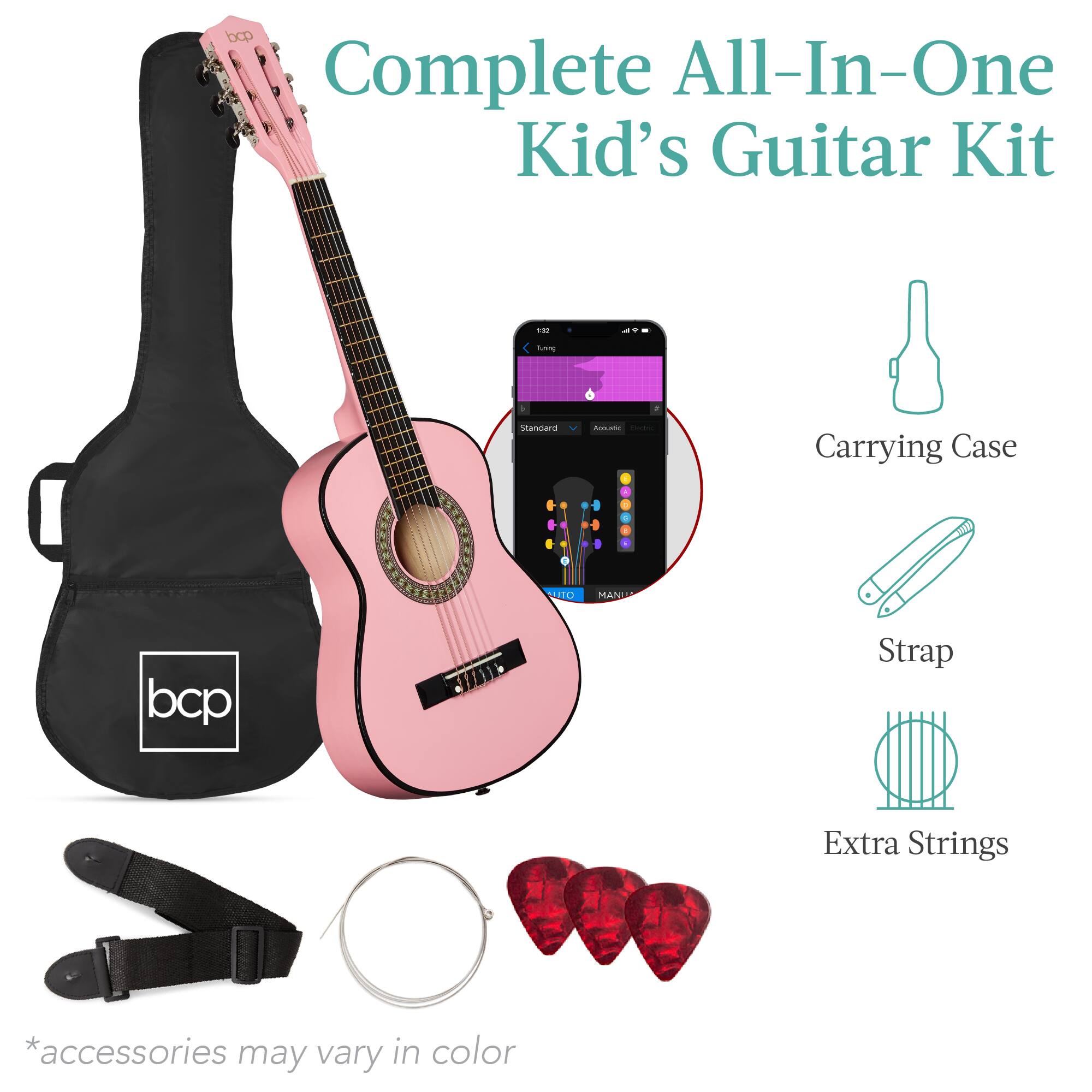 Complete All-In-One Kid's Guitar Kit

- Carrying Case
- Strap
- Extra Strings

*accessories may vary in color