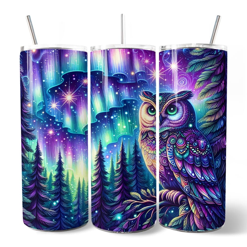 OrnamentallyYou - Northern Lights Aurora Owl 20oz Tumbler With Lid and Stainless Steel Straw - Multicolored
