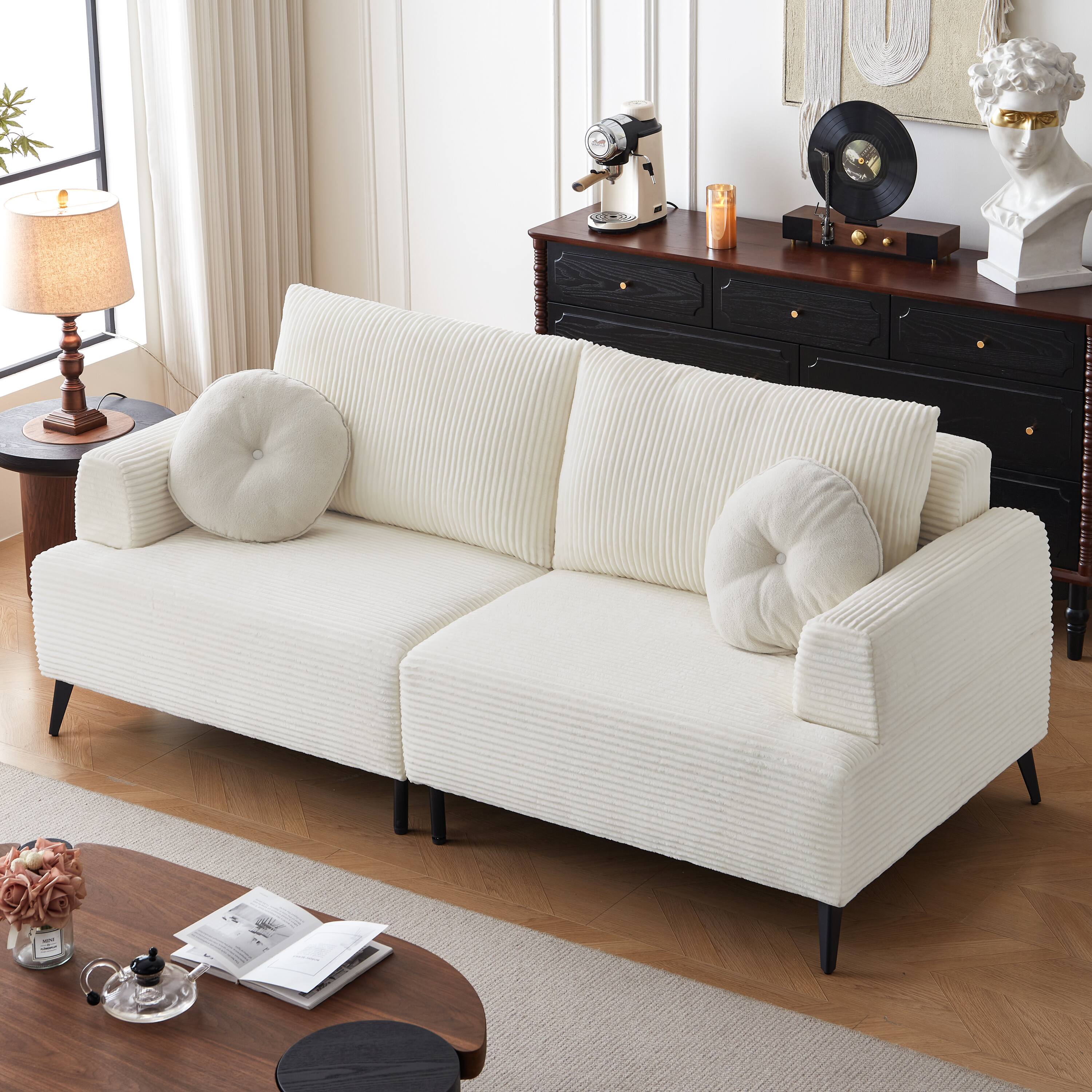Front. MSOOB - White Corduroy Sectional Sofa Couch Modern Modular Recliner Sleeper with Comfy Pillows and Deep Seat - White.
