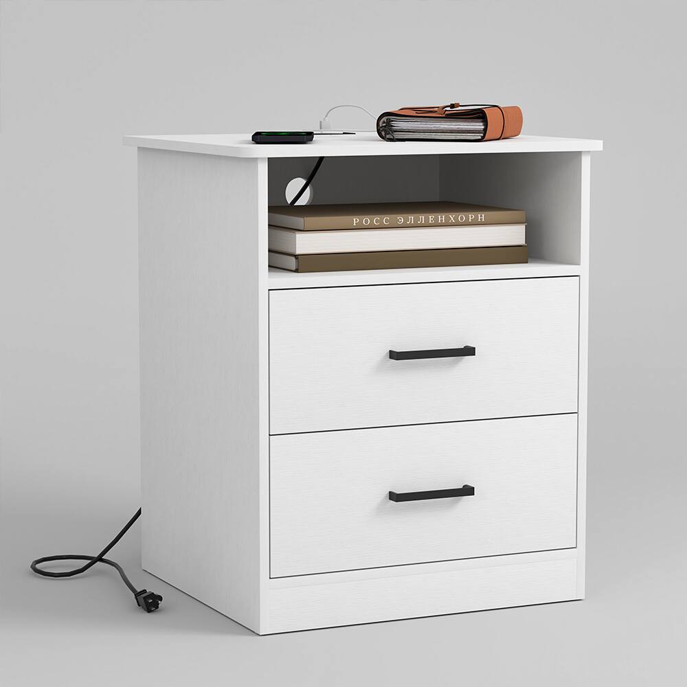 Left. Kadyn - Kadyn Wood Nightstand With Charging Station, Bedside Table With 2 Drawers, Bedroom - WH 2-Pack.