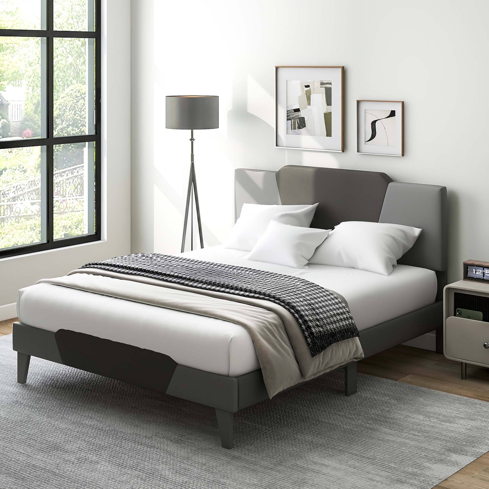 Alt View 2. Costway - Costway Queen Size Upholstered Platform Bed Frame Velvet Headboard Mattress Foundation - Gray.