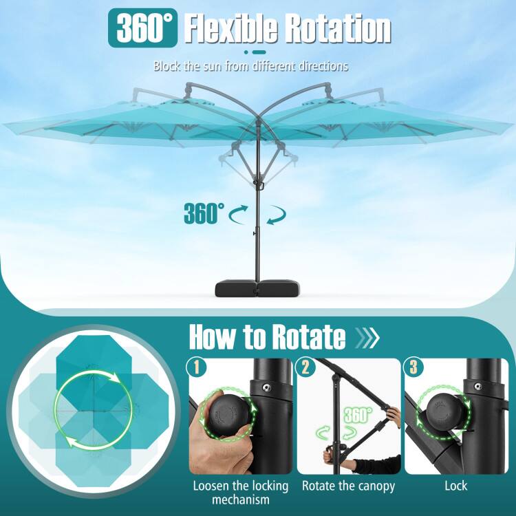 360° Flexible Rotation  
Block the sun from different directions  

How to Rotate >>>  
1. Loosen the locking mechanism  
2. Rotate the canopy  
3. Lock