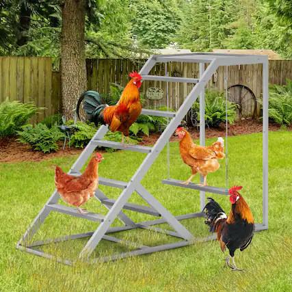 Front. Oumilen - Grey Metal Chicken Perch Playstand with Single Side Ladder & Hanging Swing - Gray.