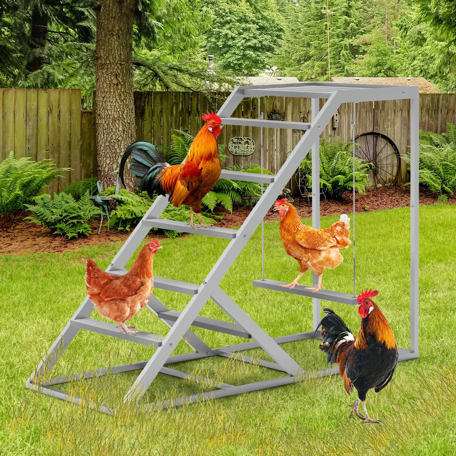 Front. Oumilen - Grey Metal Chicken Perch Playstand with Single Side Ladder & Hanging Swing - Gray.