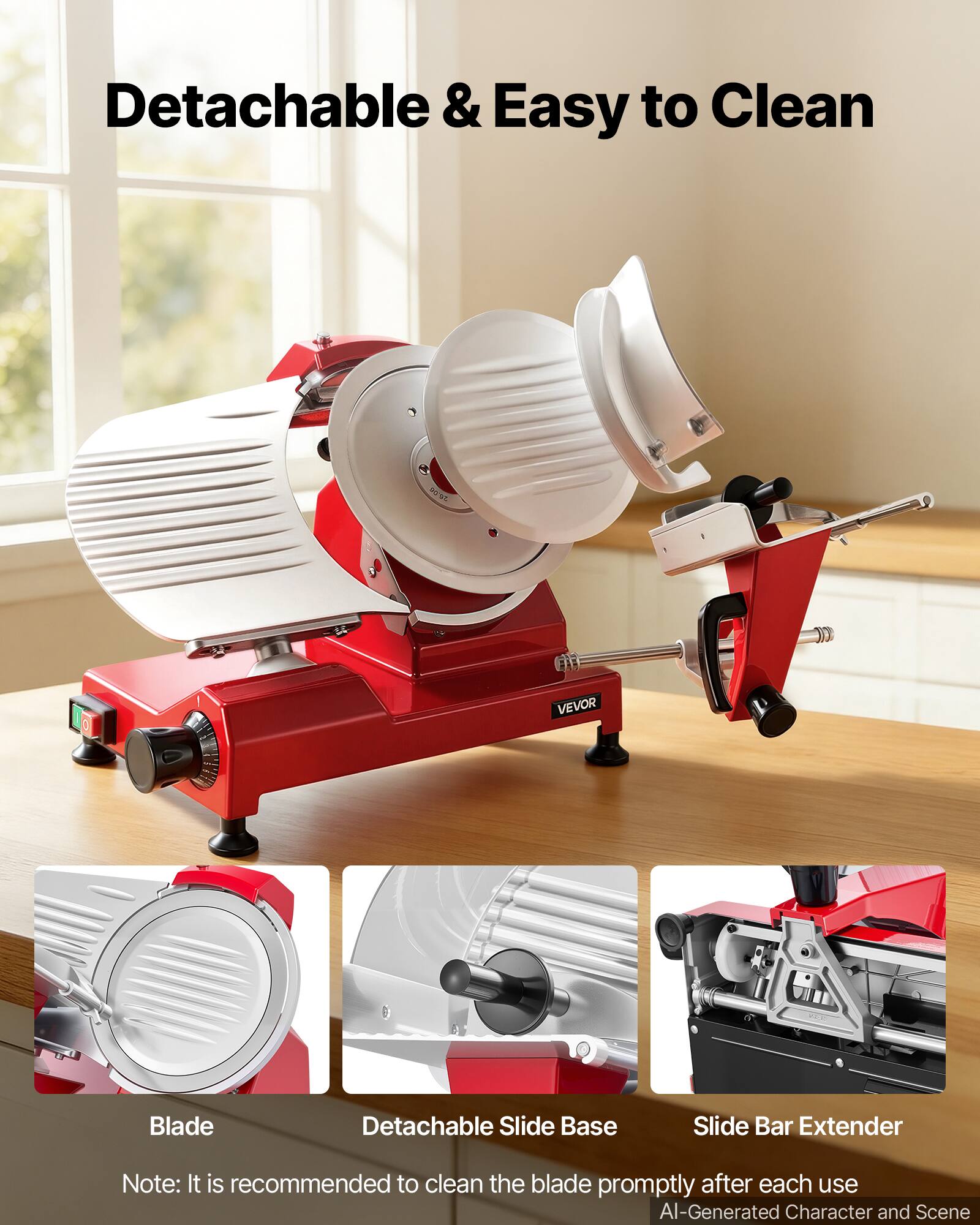 Detachable & Easy to Clean

VEVOR

Blade
Detachable Slide Base
Slide Bar Extender

Note: It is recommended to clean the blade promptly after each use

AI-Generated Character and Scene