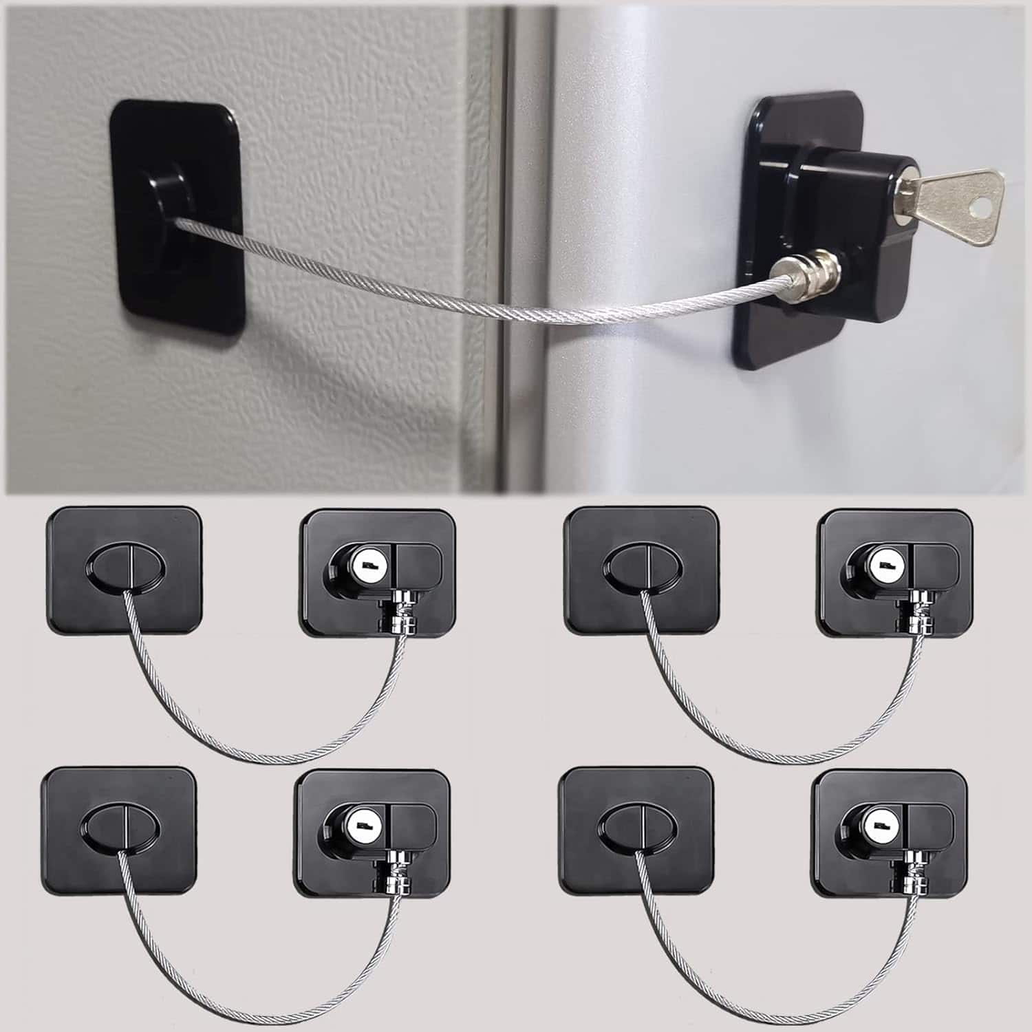Auledio - 4Pcs Child Safety Lock Cabinet Fridge Door Lock Stainless Steel Cable Protection Kids Baby Home Window Lock Strong Fix - Black