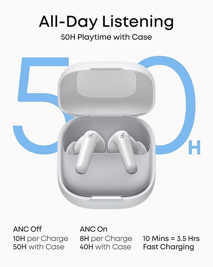 All-Day Listening  
50H Playtime with Case  

ANC Off  
10H per Charge  
50H with Case  

ANC On  
8H per Charge  
40H with Case  

10 Mins = 3.5 Hrs  
Fast Charging