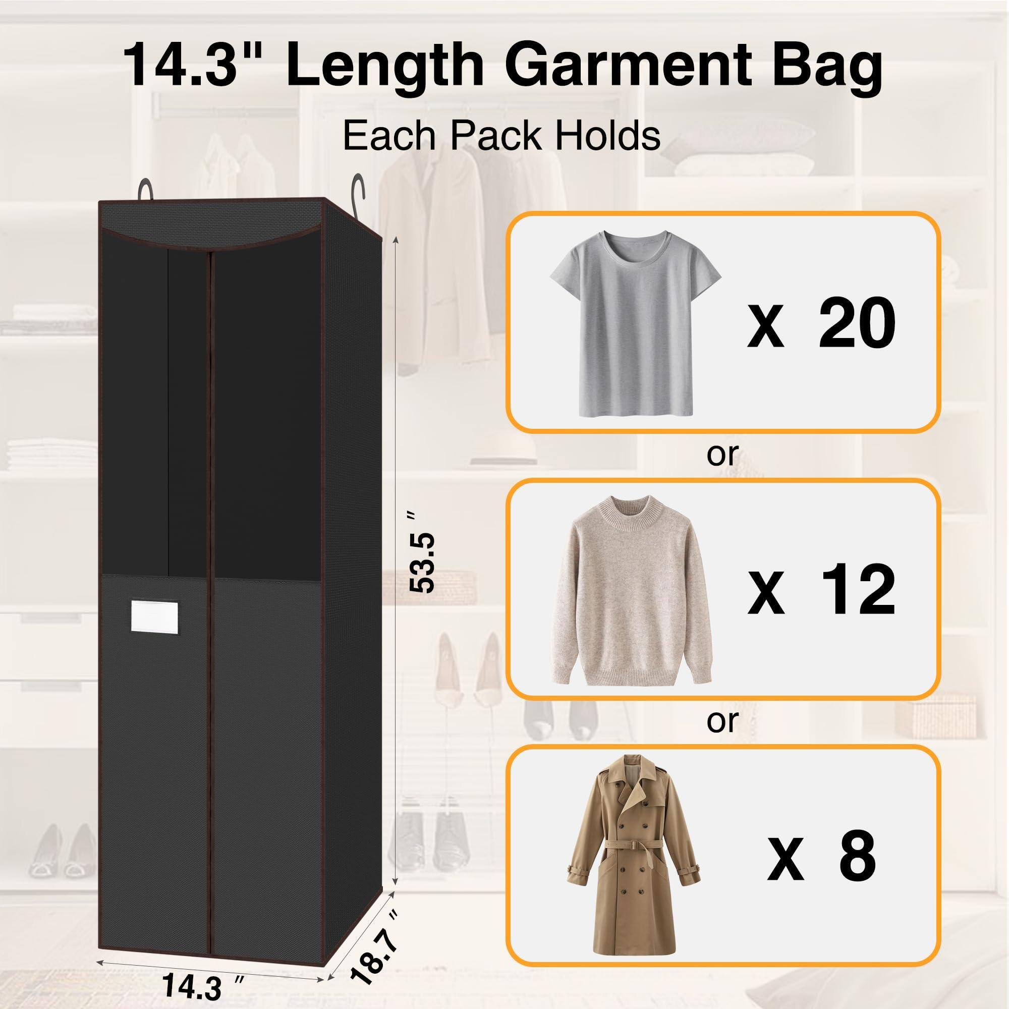 14.3" Length Garment Bag  
Each Pack Holds  
x 20  
or  
x 12  
or  
x 8  

53.5"  
18.7"  
14.3"