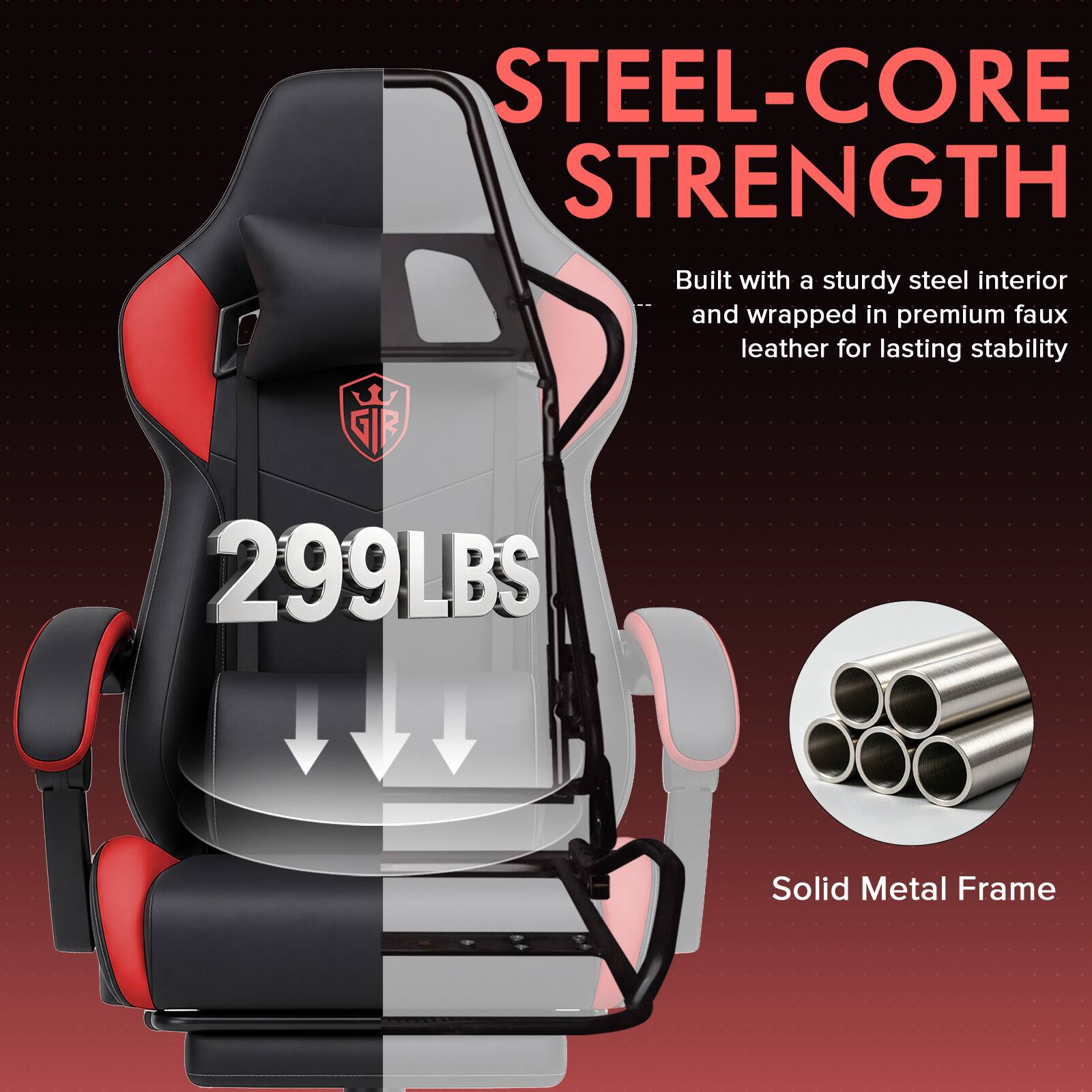 STEEL-CORE STRENGTH  
Built with a sturdy steel interior and wrapped in premium faux leather for lasting stability  
299LBS  
Solid Metal Frame