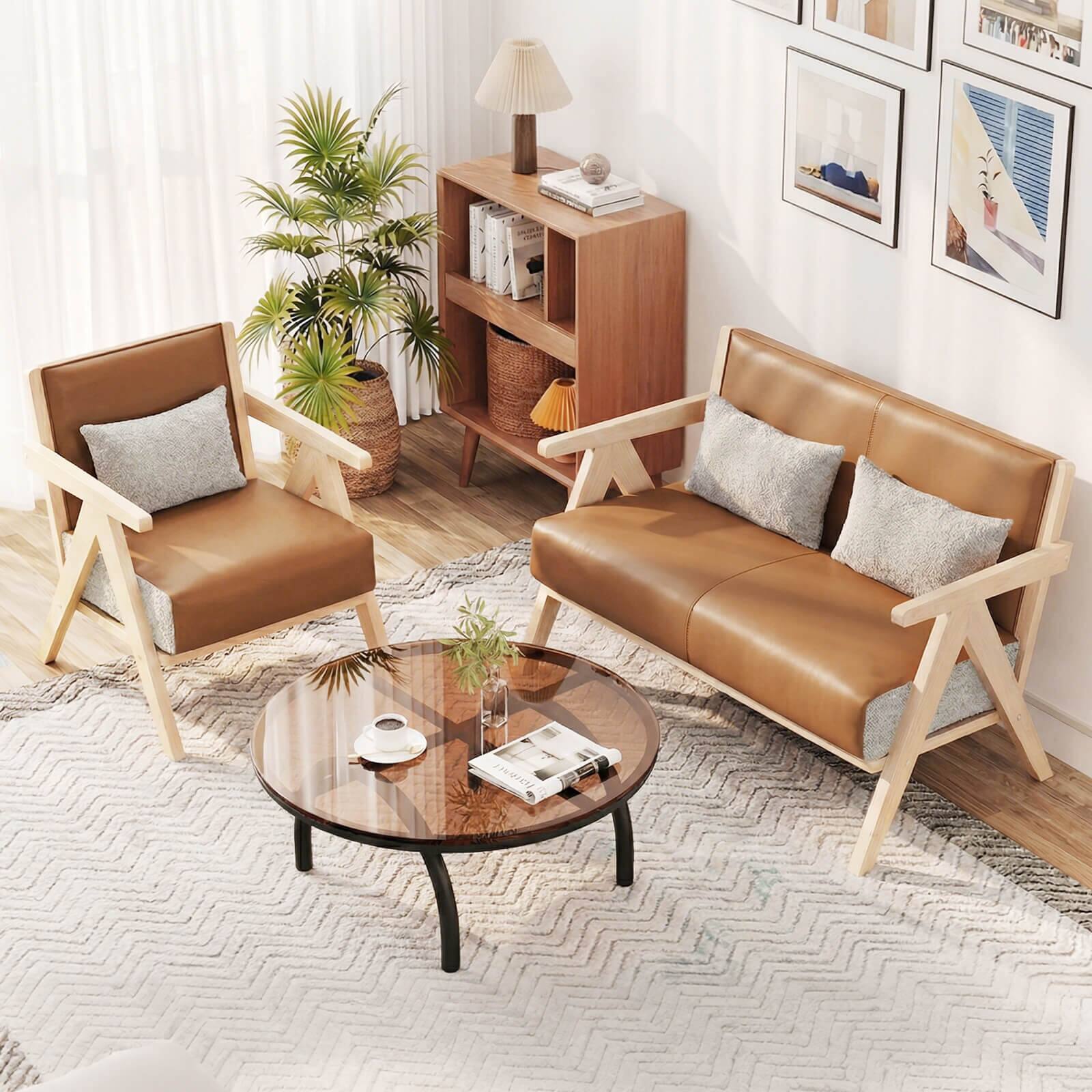 Alt View 4. Costway - Costway Mid-Century Modern Accent Chair Artificial Leather Sofa Chair with Backrest - Natural.
