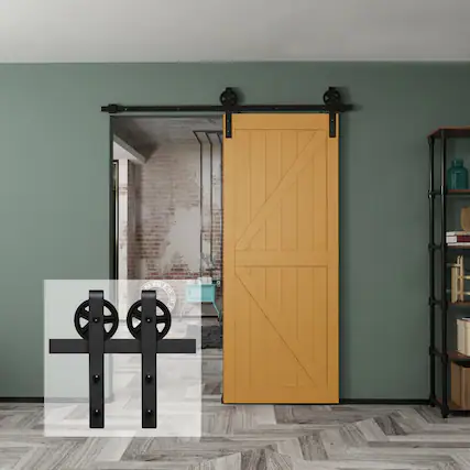 Front. Boyel Living - 6.6 ft./79 in. Black Sliding Barn Door Track and Hardware Kit with Bigwheel J Shape Hanger for Single Door - Black.
