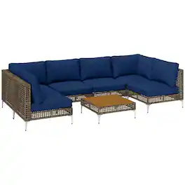 PULUZ - 7 Piece Wicker Patio Furniture Set, Modular Outdoor Sectional with Thickened Cushions, Acacia Wood Table - Brown/Blue