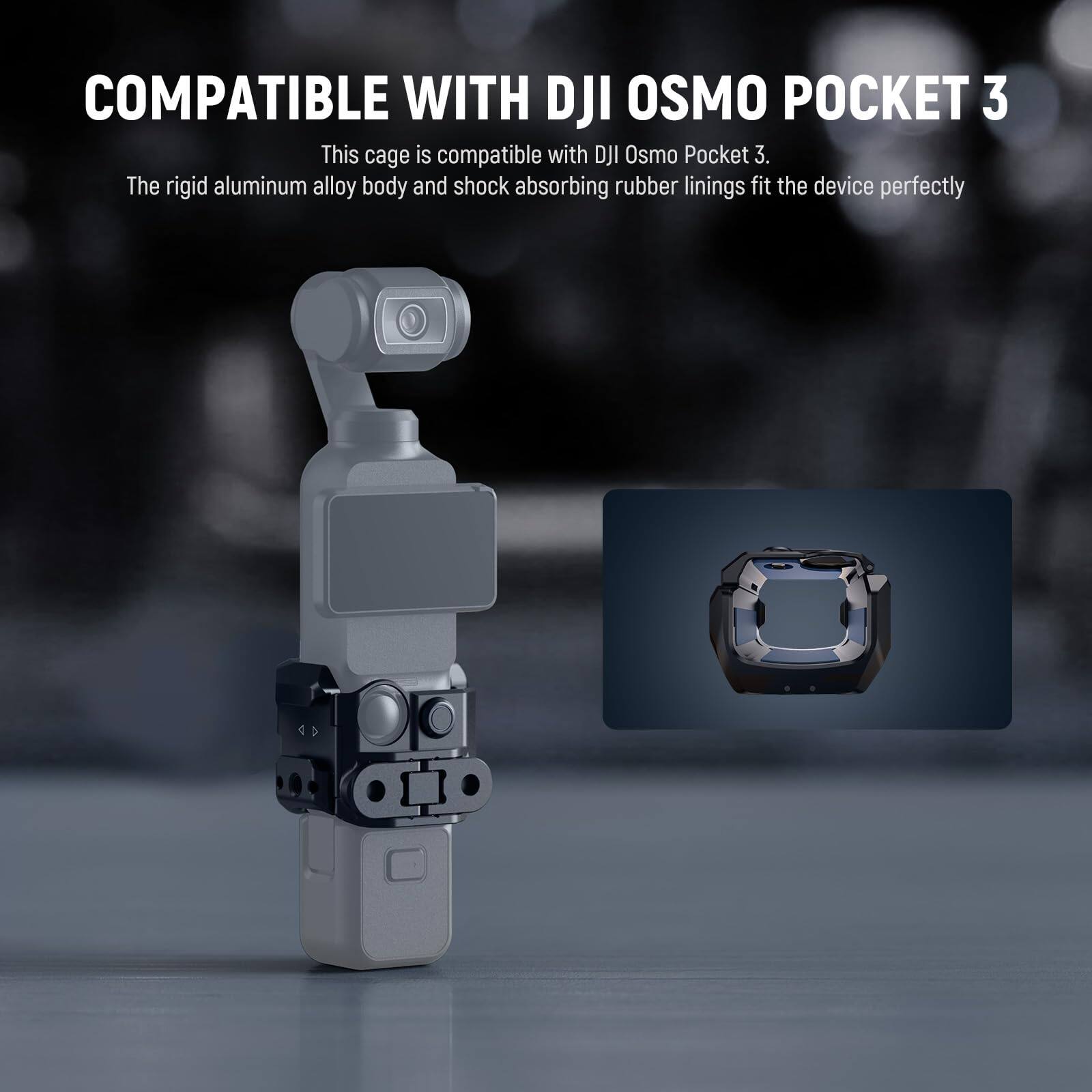 COMPATIBLE WITH DJI OSMO POCKET 3

This cage is compatible with DJI Osmo Pocket 3. The rigid aluminum alloy body and shock absorbing rubber linings fit the device perfectly.