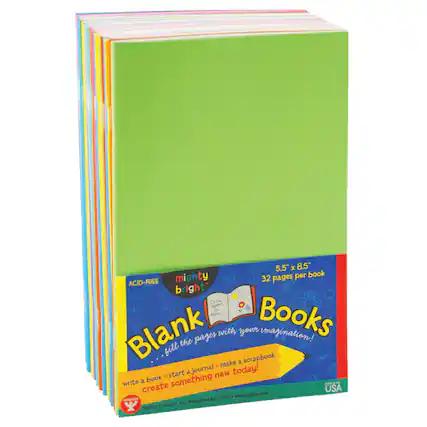 5.5" x 8.5" Mighty Bright Blank Books
32 pages per book
ACID-FREE
Fill the pages with your imagination!
Write a book, start a journal, make a scrapbook, create something new today!
USA NJ 07057
www.hygloss.com
Hygloss Products, Inc.