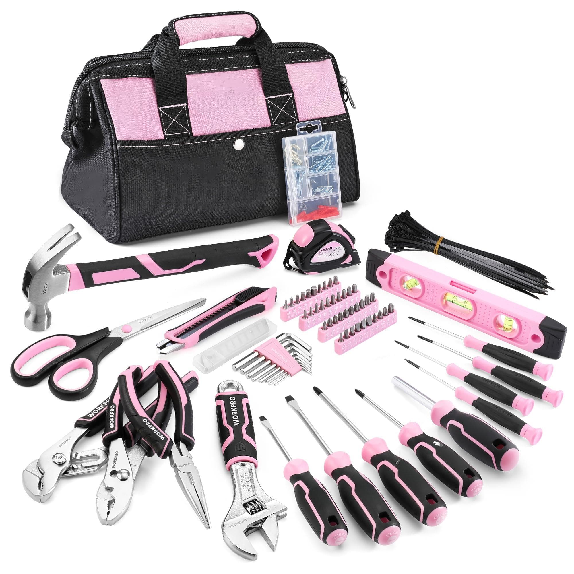JETRANSPORT - Pink Tool Set 277 Home Repairing Kit Bag With 13-inch Wide Mouth Open Storage Portable Including Hammer - Default