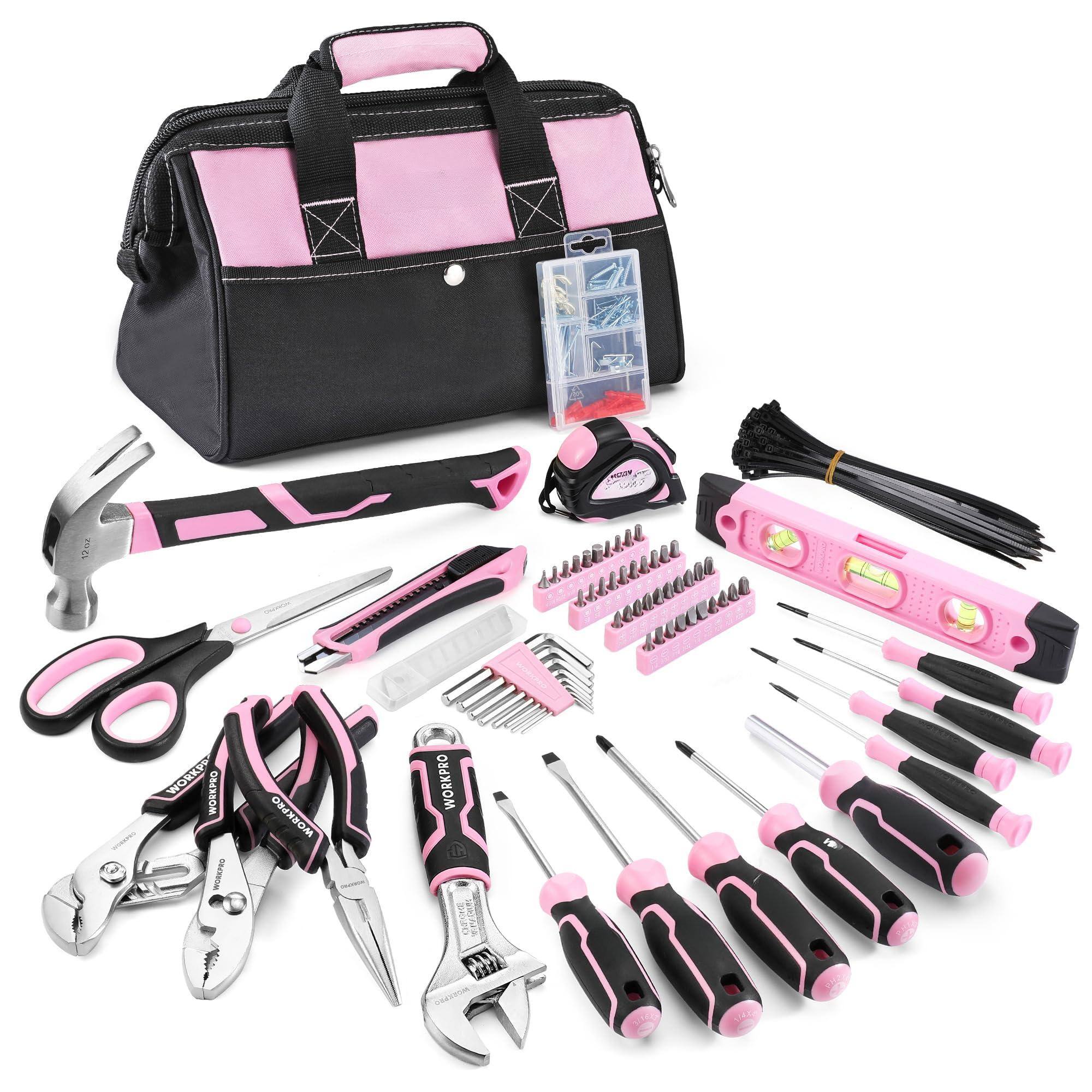 JETRANSPORT - Pink Tool Set 277 Home Repairing Kit Bag With 13-inch Wide Mouth Open Storage Portable Including Hammer - Default