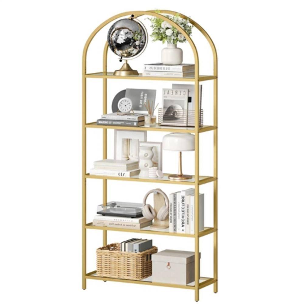 Hivvago - Modern Metal Arched Top Display Rack Bookcase with 5 Glass Storage Shelves - Gold