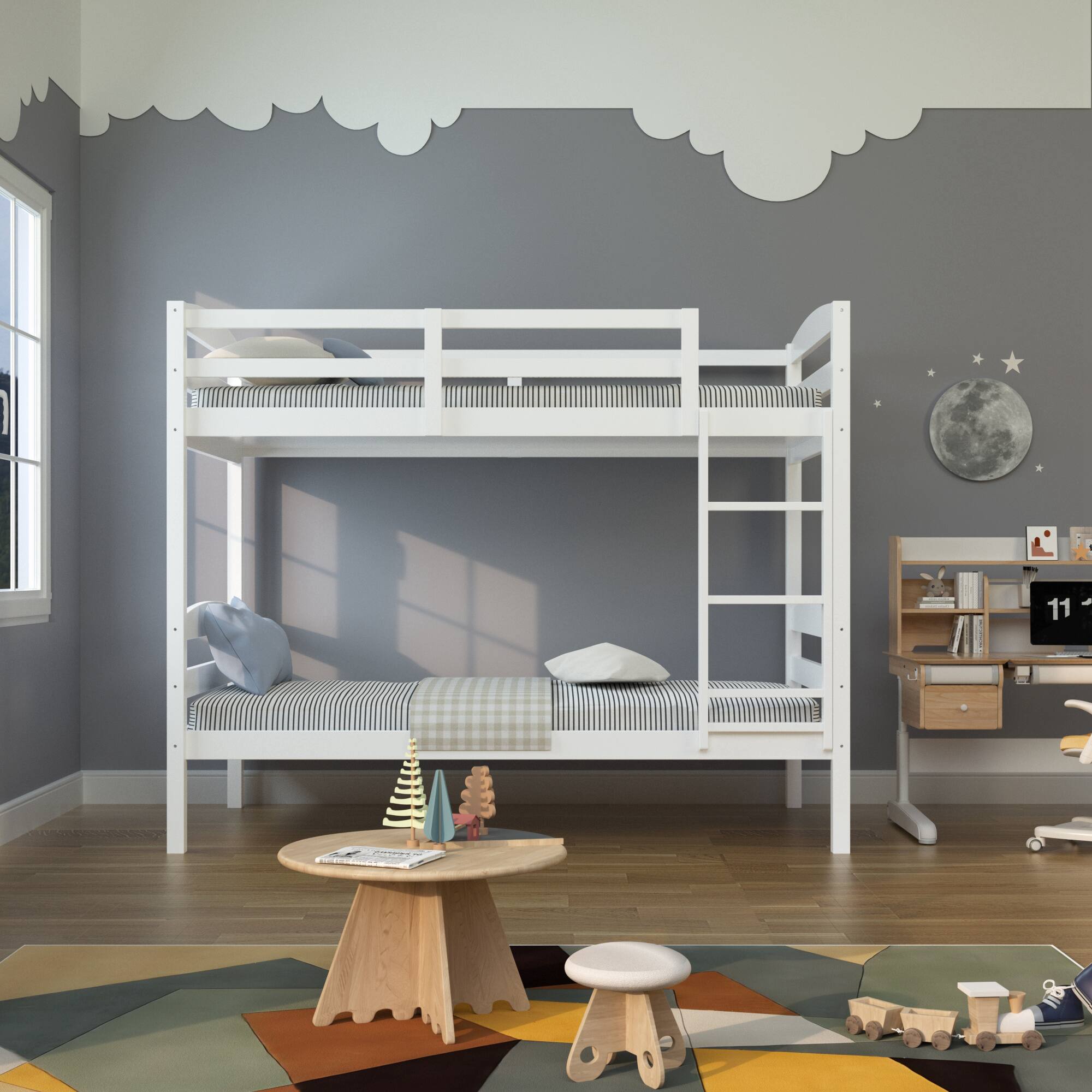 Angle. Vaczon - Twin-Over-Twin Wooden Bunk Bed with Guardrails and Ladder, Solid Hardwood for Kids, Teens - White.